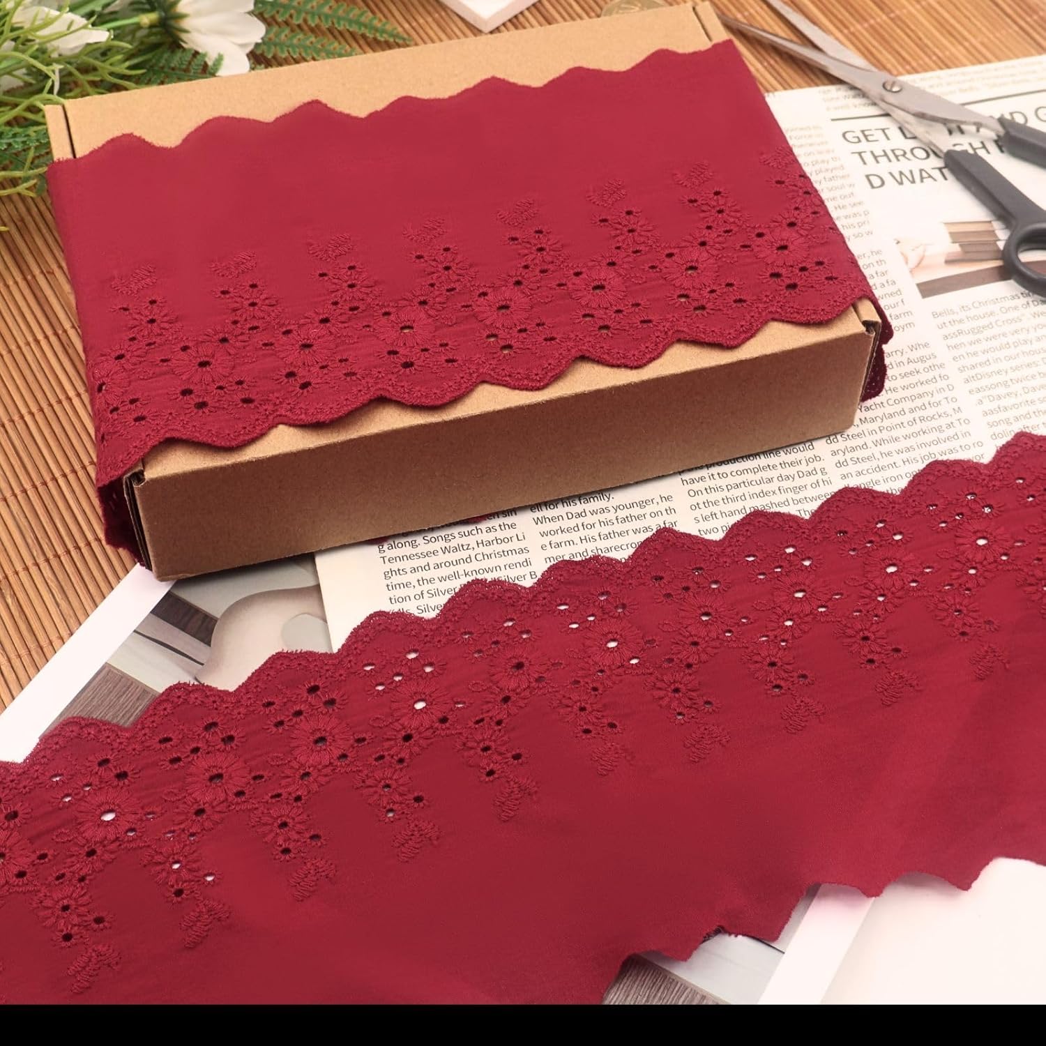 Bijou Joon 14 Yards Burgundy Red Cotton Eyelet Lace Trim Ribbon Eyelet Lace Fabric Embroidery Crafts Floral DIY for Bag Strap Sewing Costura Vintage Wedding Dress Applique Decorations