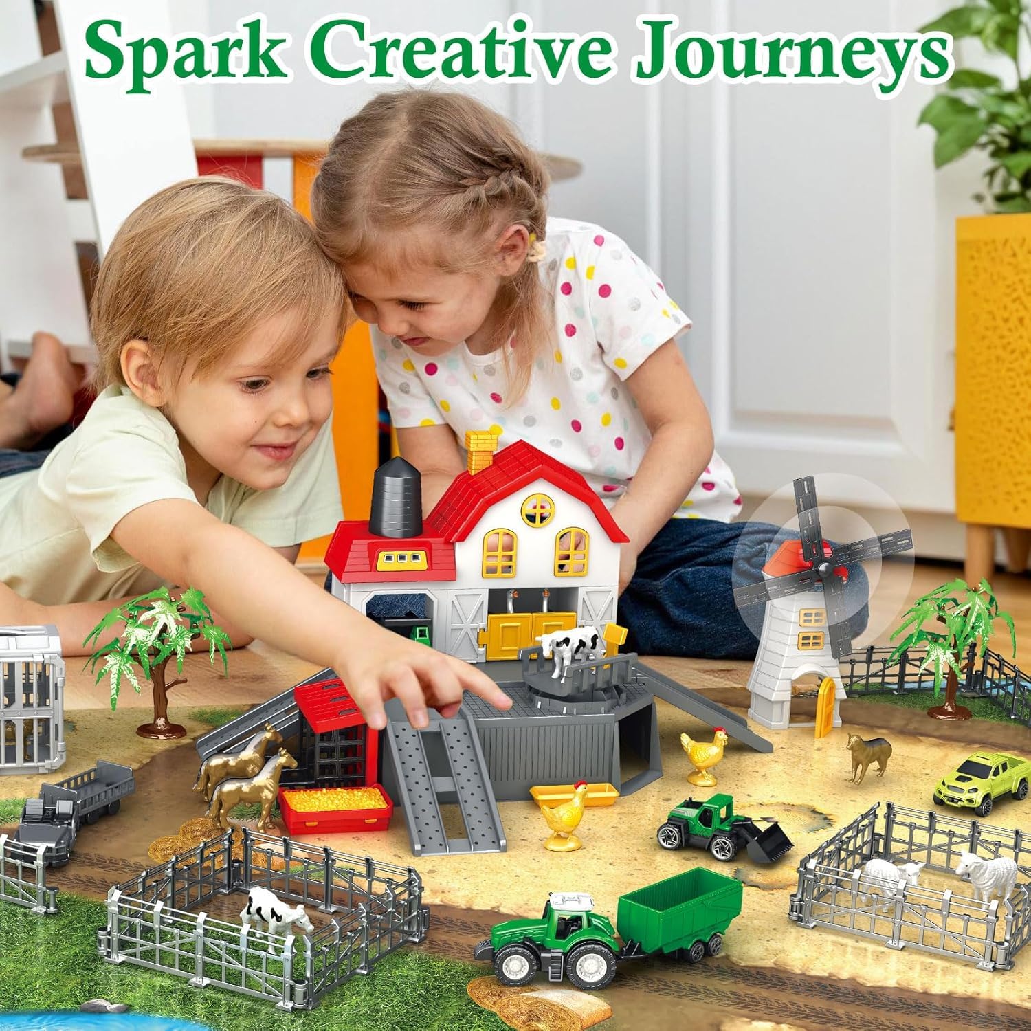 Frontoytall Farm Toy Set from 3 Years, 49-Piece Farm Animals Playset with Barn, Tractor, Truck, Fences & Durable Play Mat - Image 2