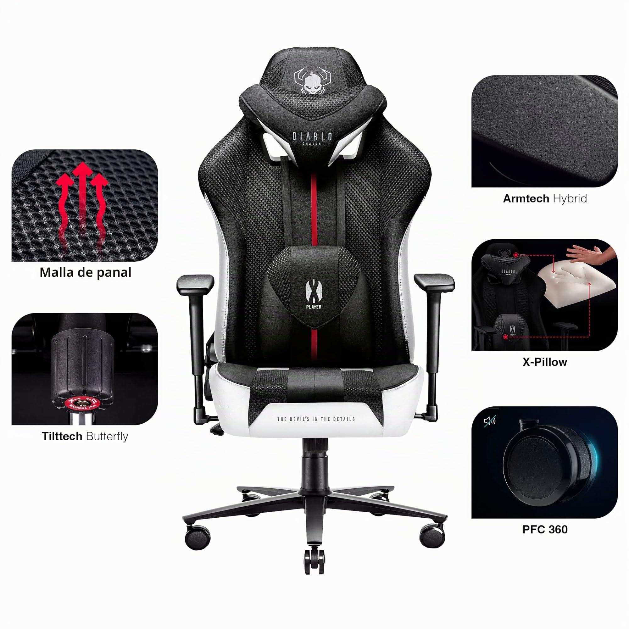 Diablo Silla Gaming Tela X-Player 2.0 - Silla Gamer con Reposabrazos 3D - Cojín Cervical/Lumbar Función de Balanceo - Silla de Oficina 160 kg - Cadeira Gaming Ergonómica - King (XL)