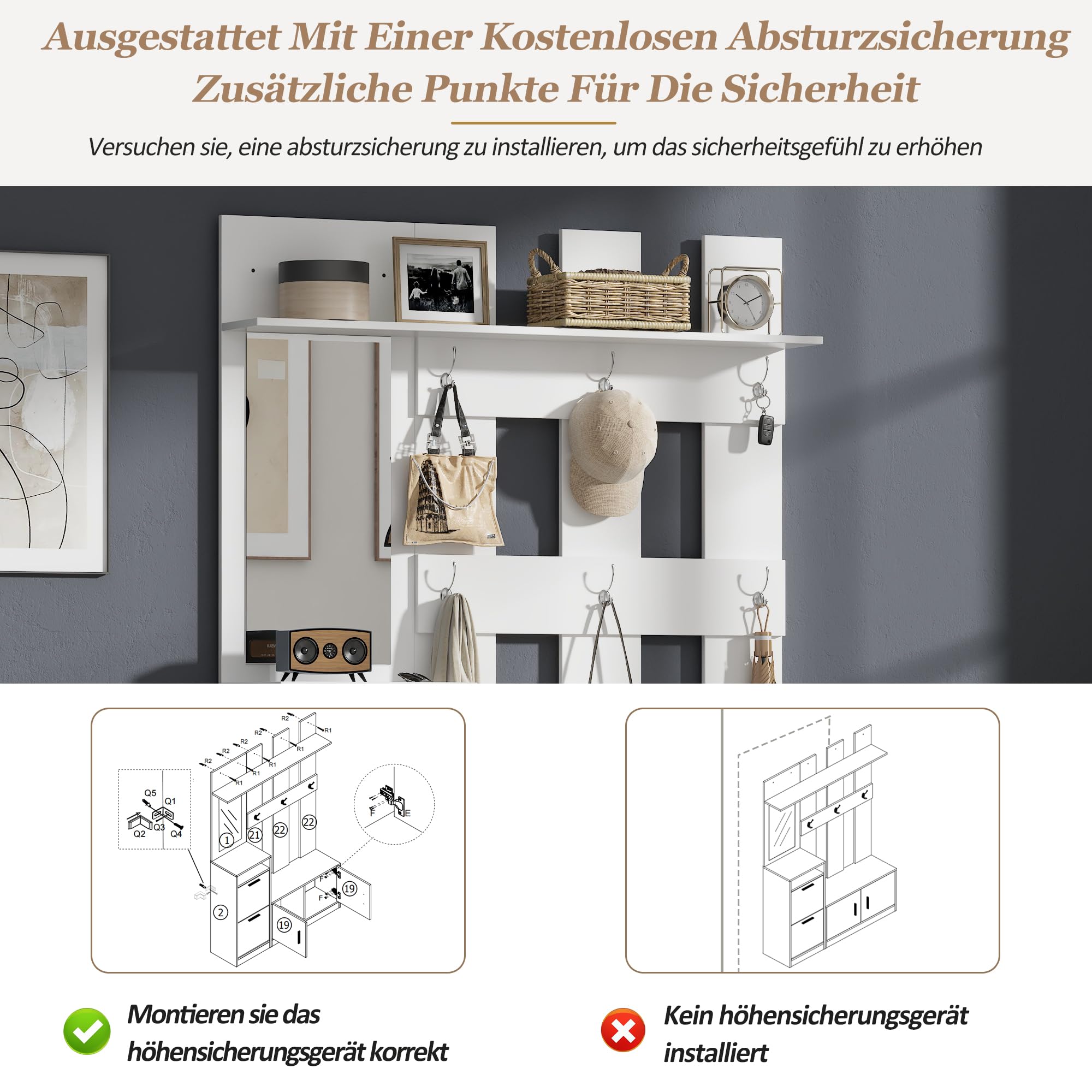 Garderoben-Set mit Schuhschrank, Spiegel und Kleiderhaken, Flurgarderobe Set mit Ablagefläche, Wandgarderoben Set für Eingangsbereich, Weiß, 120x30x180 cm