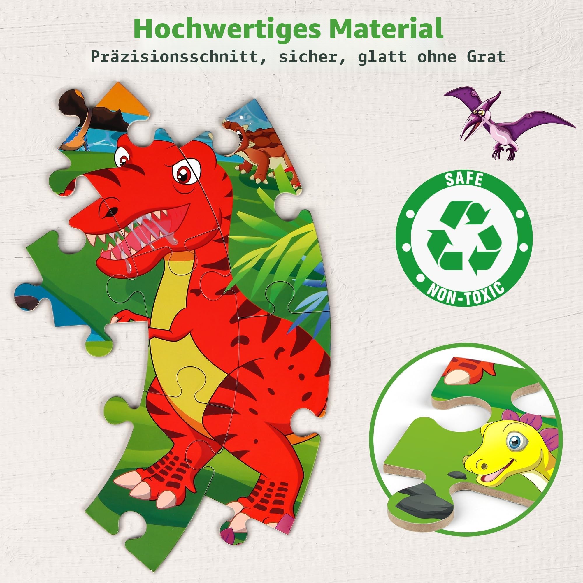 SYNARRY Große Dinosaurier Bodenpuzzle für Kinder ab 3 4 5 6 7 8 Jahren, 70 Teile Kinderpuzzle Dino Holz, Lernspielzeug Geschenk für Jungen Mädchen