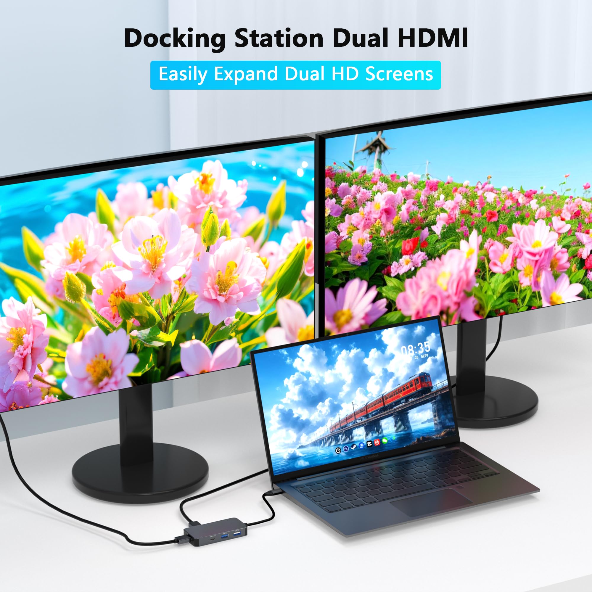 Docking Station Dual Monitor for Dell/HP/Mac Laptops, 7 IN 1 USB C to Dual HDMI Adapter Multiport Hub with 2*4K HD, 3*USB-A/USB-C Data Port, 100W PD, HDTV Splitter for Dual Monitors Extended Display — view 3