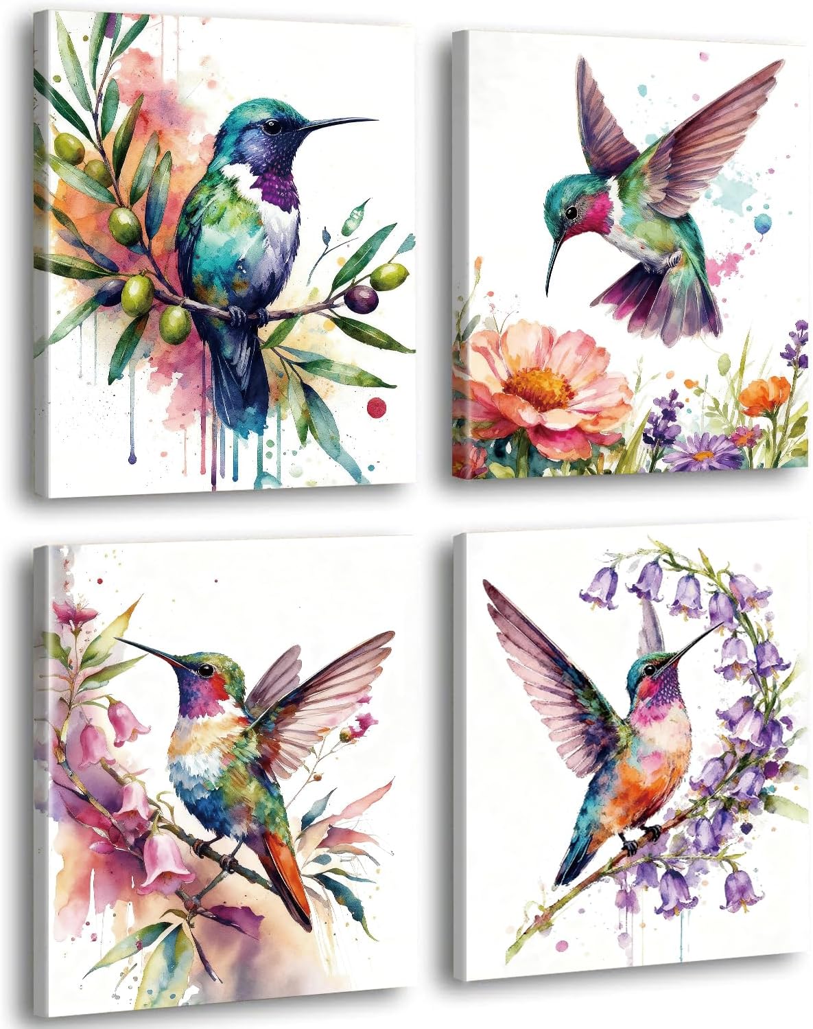 Framed Watercolor Hummingbird Wall Art, 4 Piece 8x10 Inch Boho Floral Bird Nature Canvas Prints for Living Room Bedroom Bathroom Home Decor