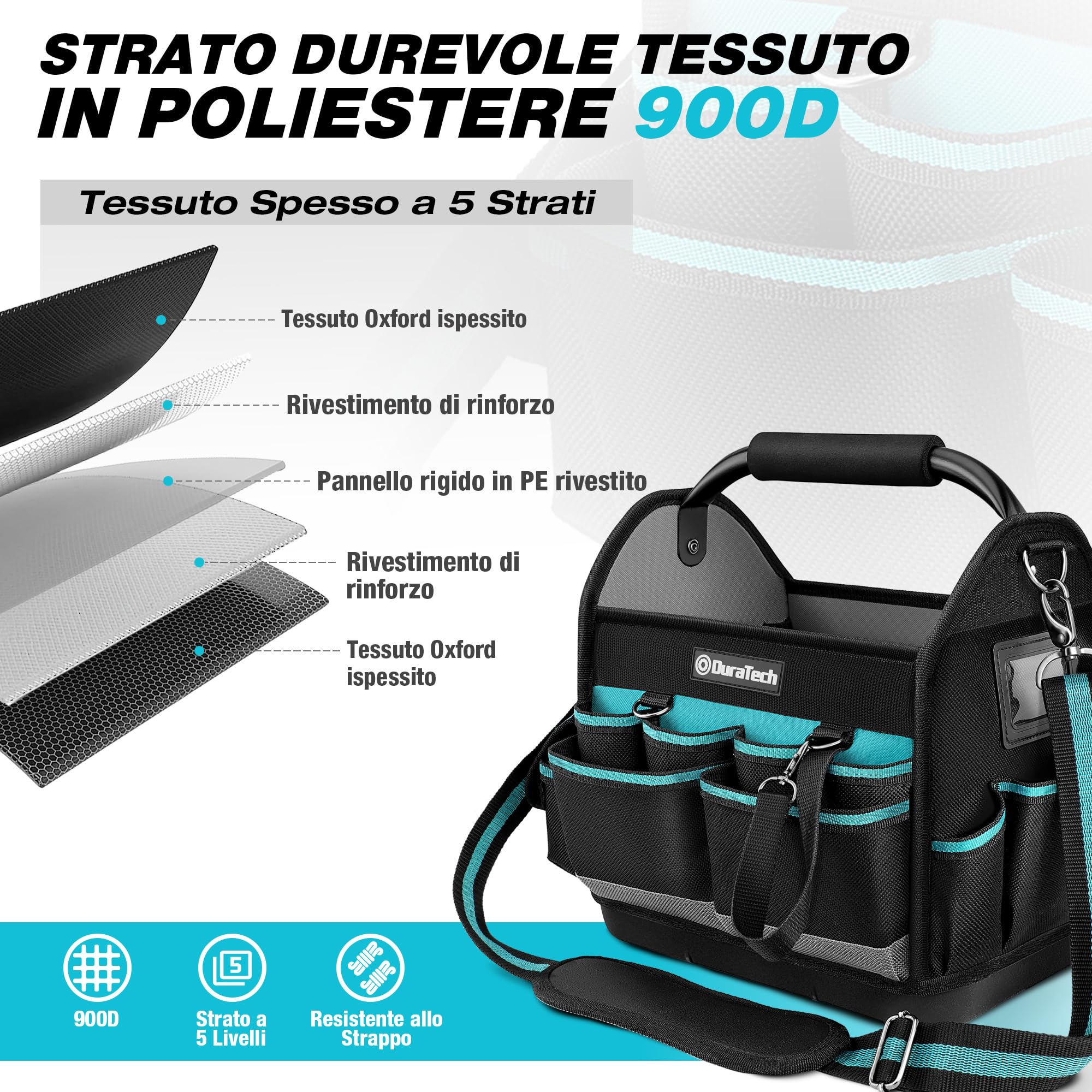 DURATECH Borsa Per Attrezzi Durevole da 30,5cm, Borsa Attrezzi con Base Impermeabile, Borsa Porta Attrezzi con Ampia Apertura, Poliestere 900d, Maniglia per il Trasporto, Tracolla Regolabile