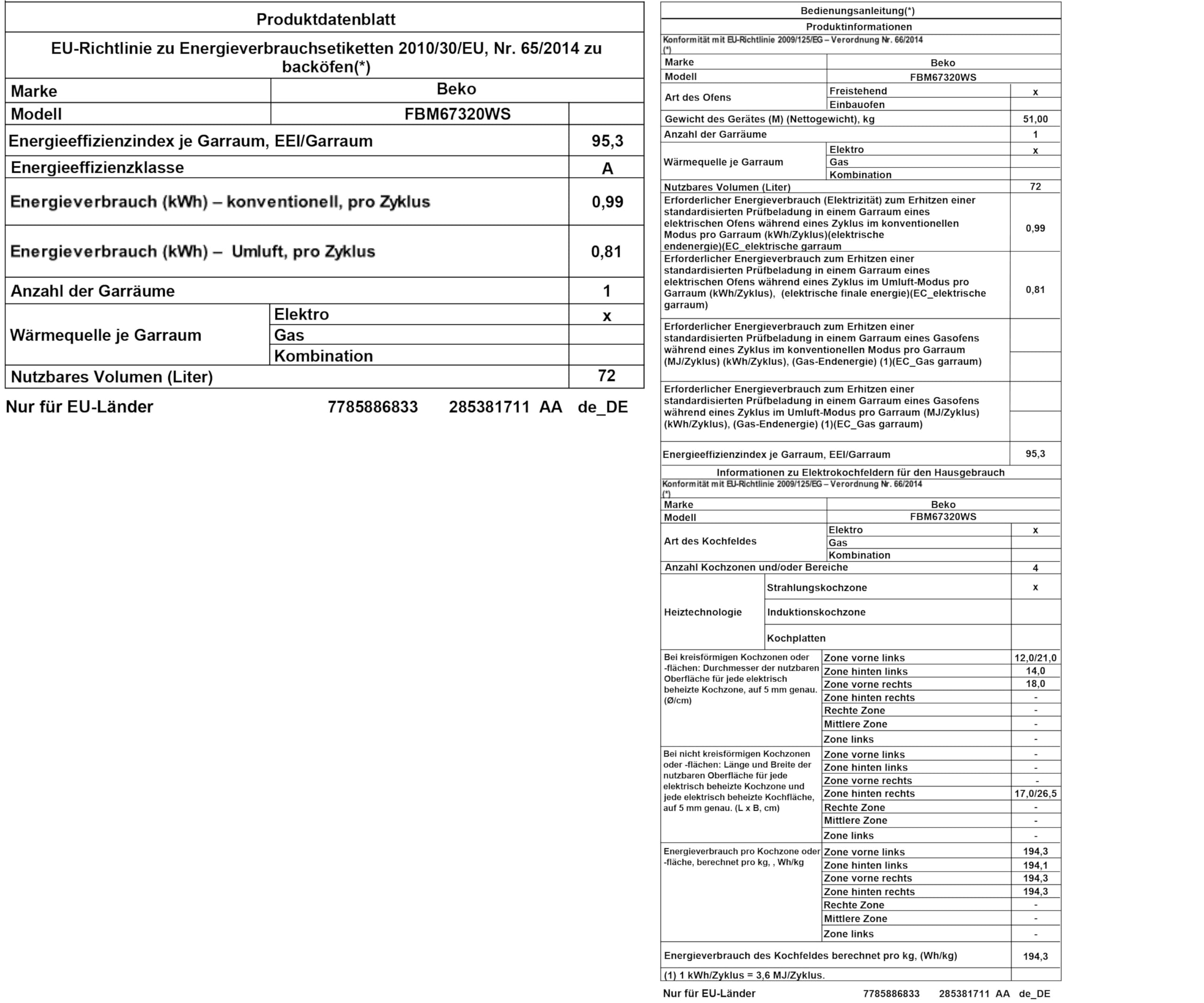 Beko FBM67320WS freistehender Herd 60 cm Backofen 72 l Dampfreinigung SteamShine 8 Heizarten Multifunktionsofen weiß