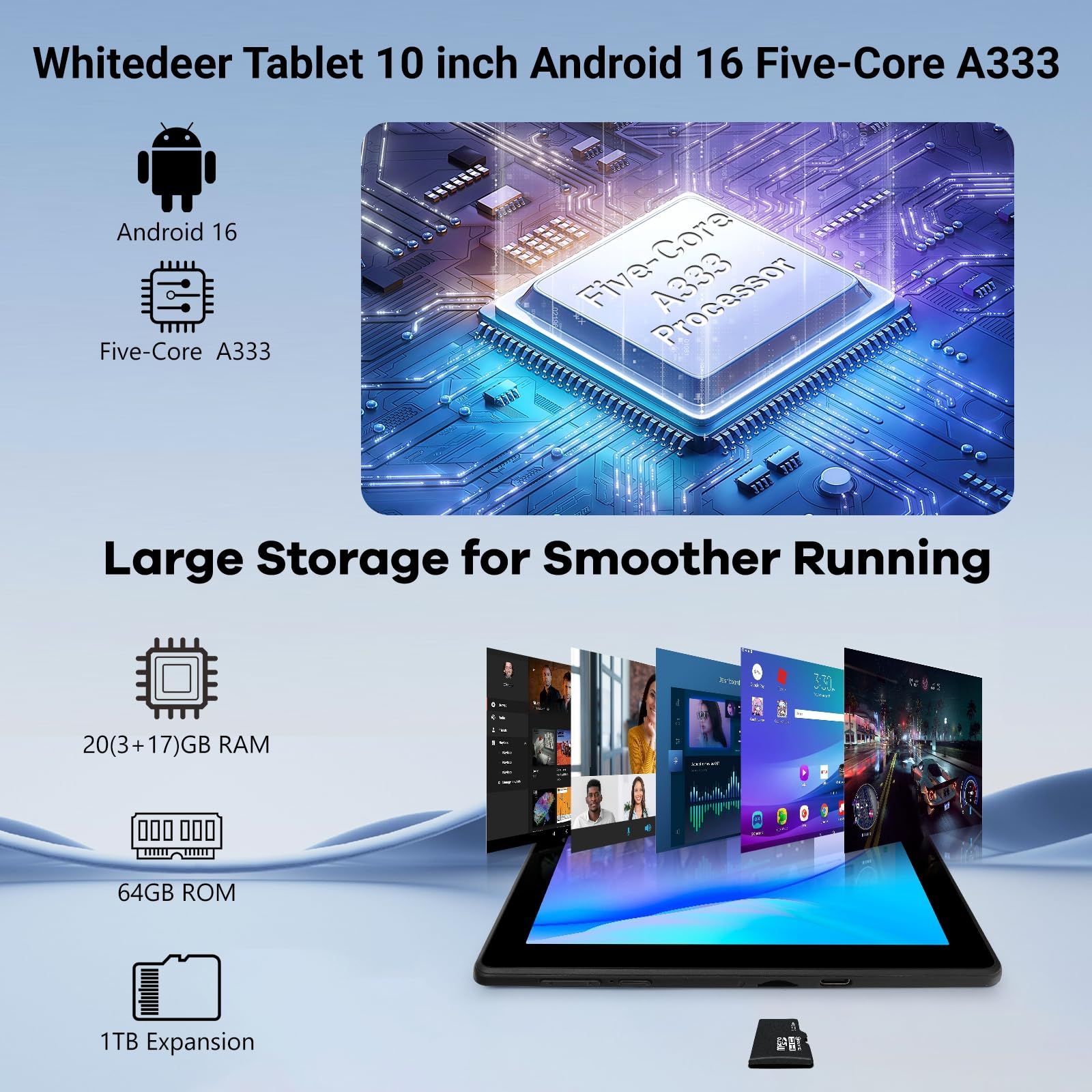 Whitedeer Tablet 10 pollici Android 16 20GB+64GB+1TB 1280*800 IPS WiFi 6 BT5.3 6000mAh Widevine L1 Nero