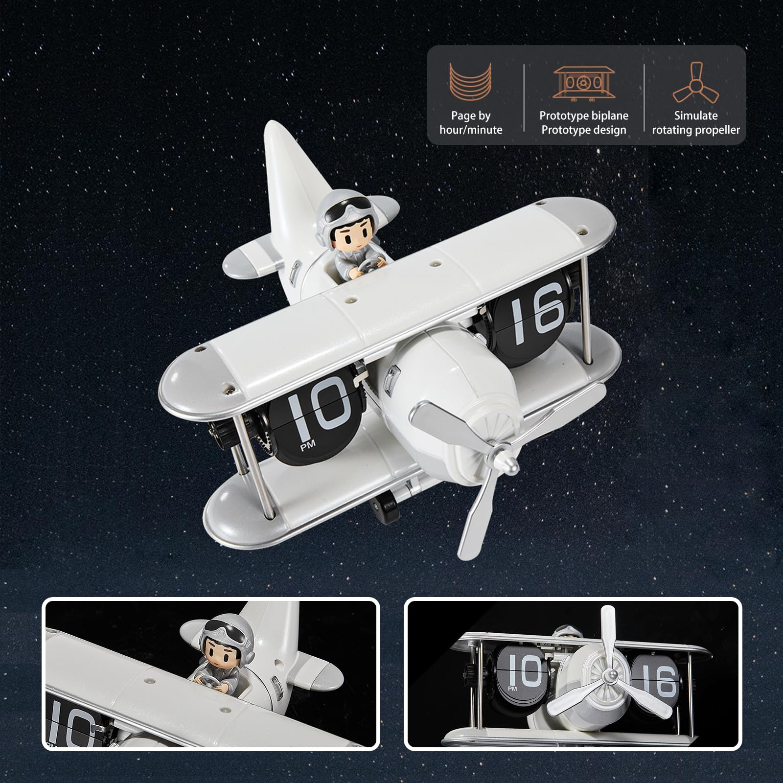 auvstar Reloj de avión de 12 horas, reloj de escritorio digital retro silencioso con mecanismo de giro automático, calendario retro con pilas para decoración del hogar, oficina, dormitorio (blanco)