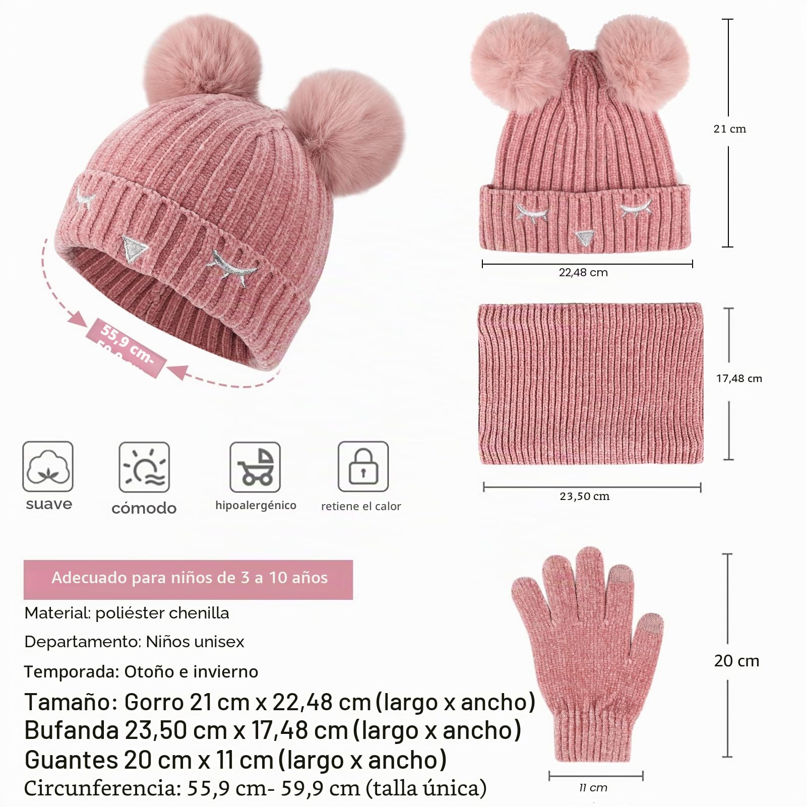 Bequemer Laden Niños Invierno Gorro Termicos Guantes Tactiles Bufanda Conjunto con Gorra Pompón Forro Polar Regalo Niñas Niños 3-10