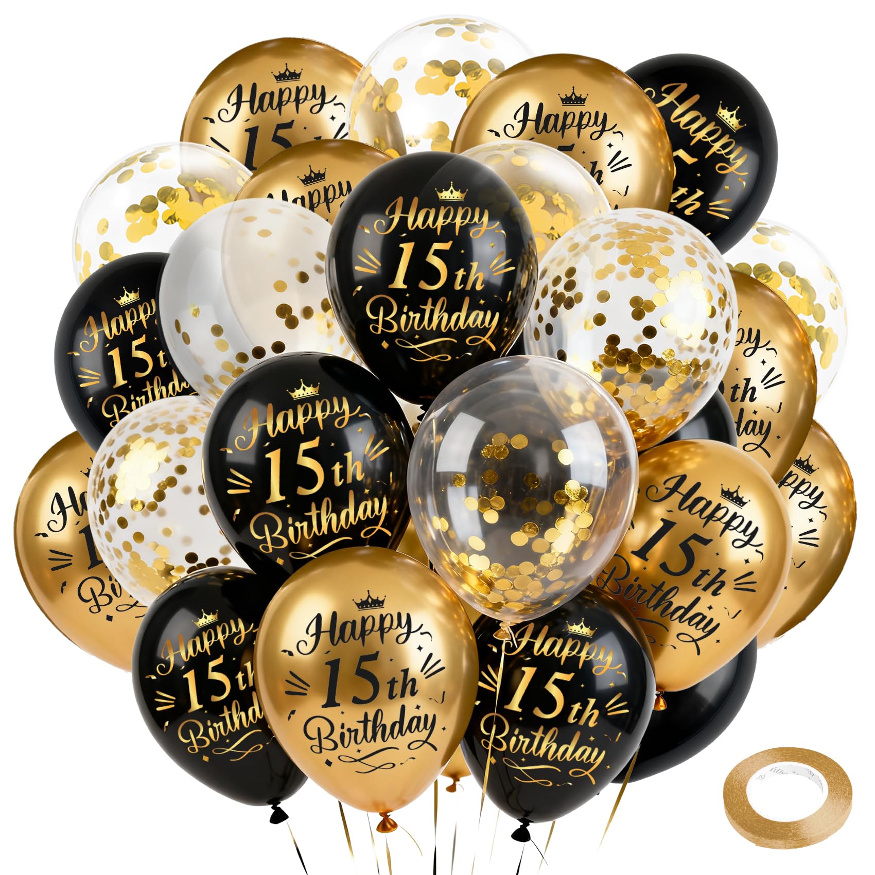 15th Birthday Balloons Black And Gold Balloons 24 Pcs Birthday Balloons For Women Party Balloons Metallic Balloons 15th Birthday Decorations Party Decorations Happy Birthday Anniversary Party Supplies — image 1