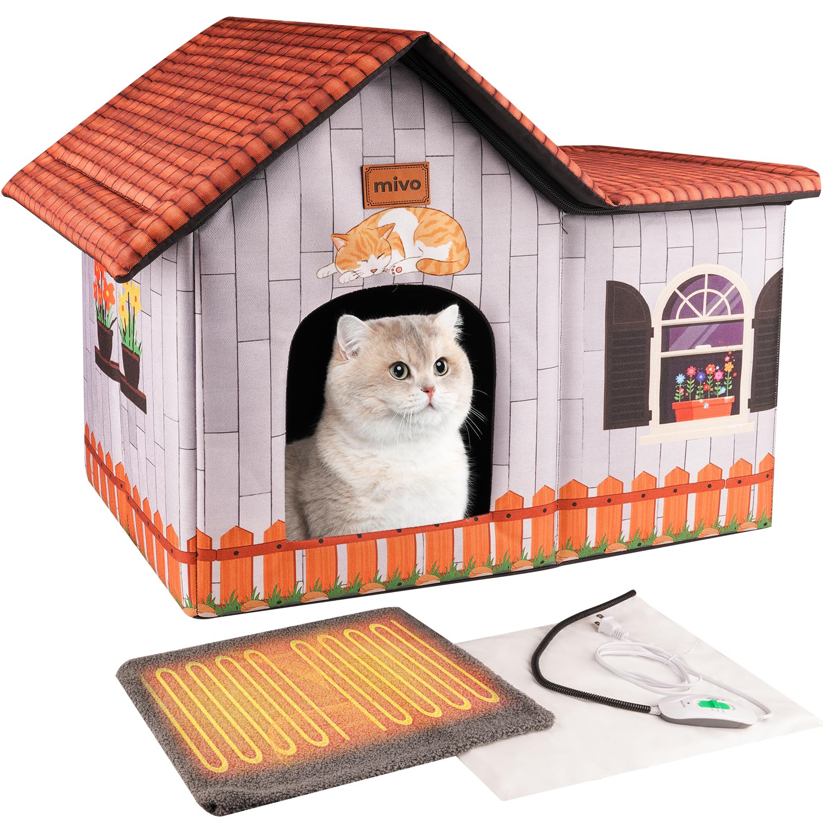 mivo Heated Cat Houses for Outdoor Cats, Indoor/Outdoor Cat House Weatherproof with Heated Pet Pad for Winter, Collapsible Warm Feral Cat Shelter, Heated Outdoor cat House Easy to Assemble