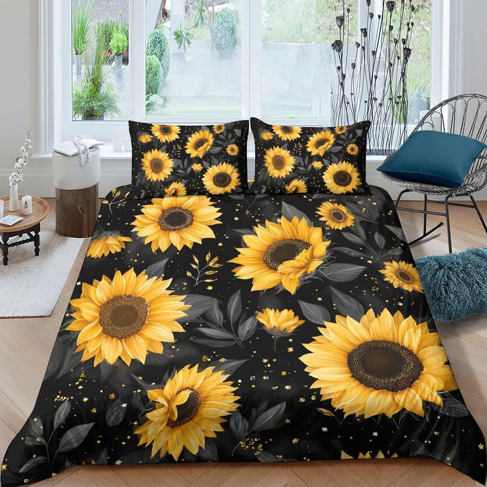 Ctjqhvkz Style-9 3D Printed Sunflower Fitted Sheet Microfiber Soft Yellow Floral Bedroom Decor Black Leaf Mattress Cover Single（135X200cm）