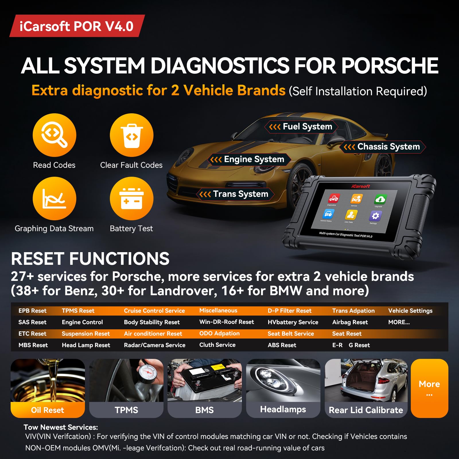 iCarsoft Professioneller Diagnosescanner für Porsche, POR V4.0 Vollsysteme Bidirektionales Werkzeug + 2 zusätzliche Markenpakete, 27+12 Services, Auto-VIN, Batterieregistrierung, lebenslanges