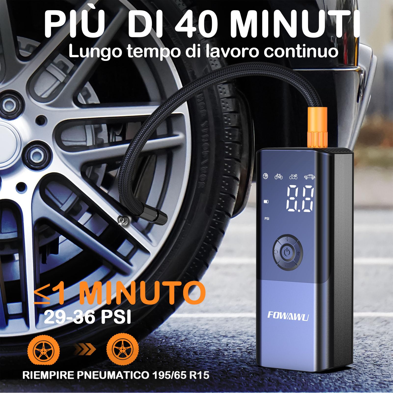 FOWAWU 6000mAh Compressore Aria Portatile, Compressore portatile per auto 150PSI, Gonfiatore Elettrico con Batteria Ricaricabile, Schermo LCD, Cavo DC 12V Torcia LED per Auto Moto Biciclette Palloni