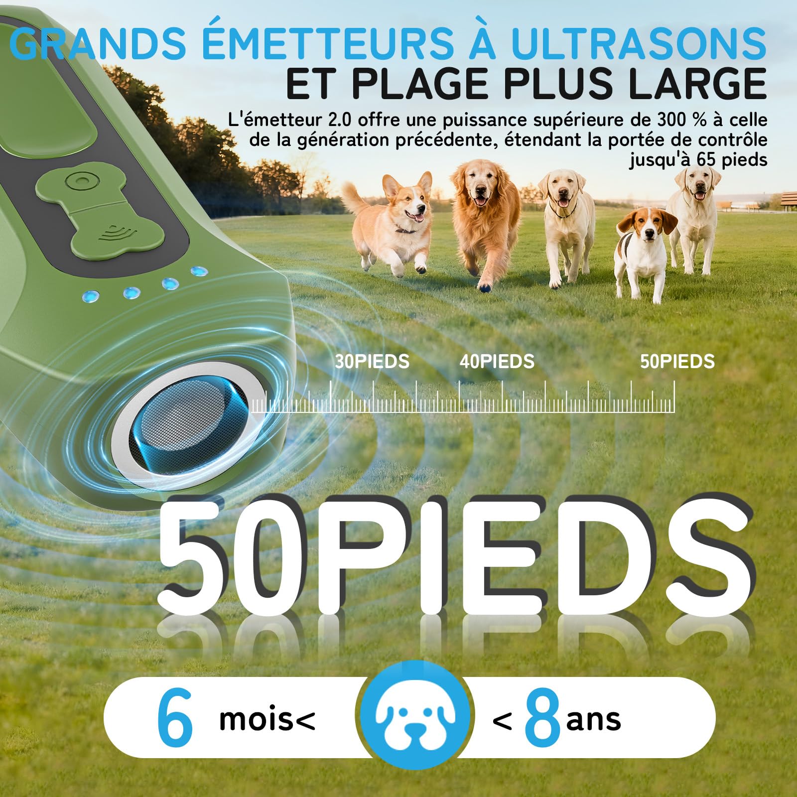 Anti Aboiement Chien, Dispositif de Dissuasion à Ultrasons pour Chiens, Dispositif Portable D'arrêt D'aboiement de Chien, Sûr et Humain, Contrôle des Aboiements de 15 m