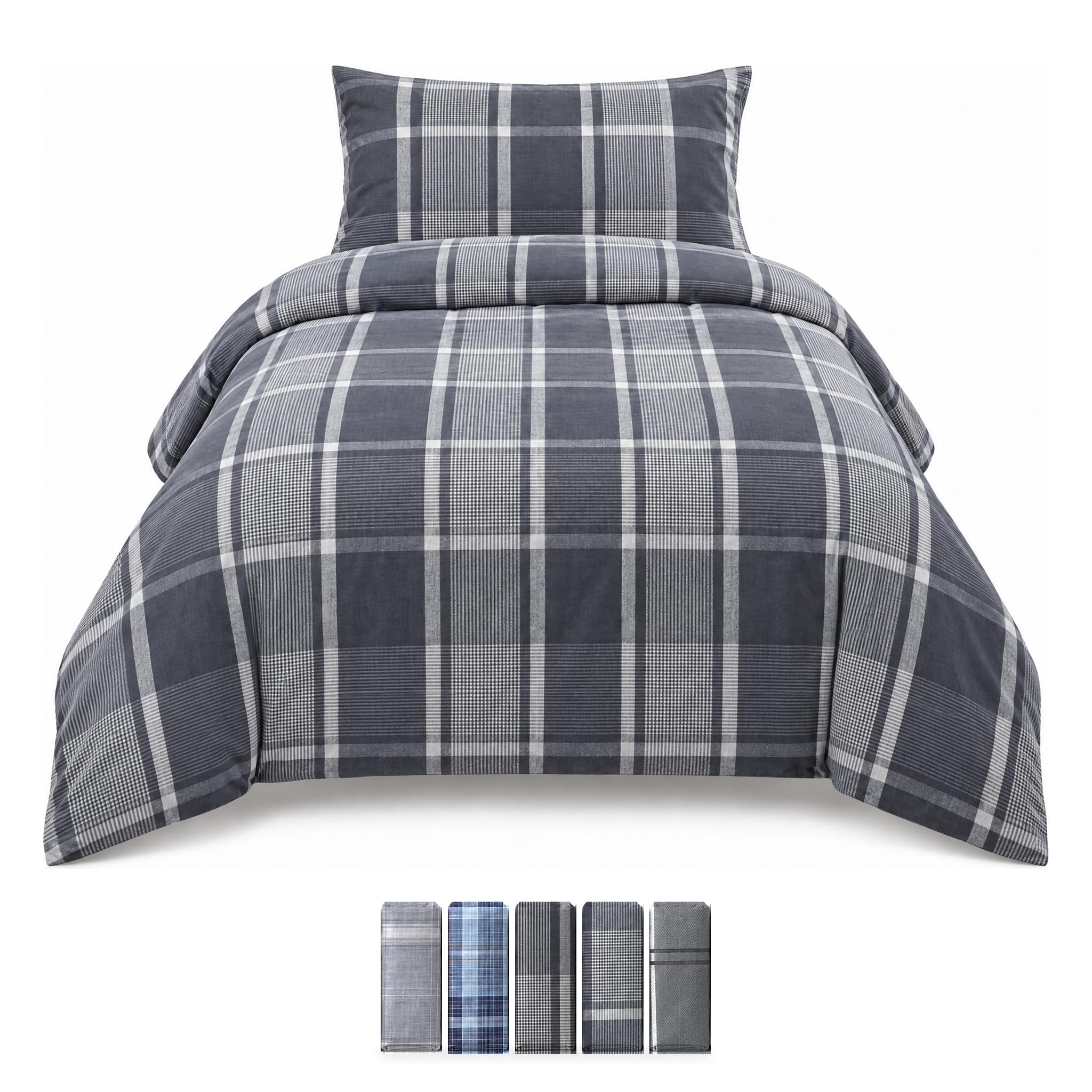 M&J Home - Single Duvet Cover Set with 1 Pillowcase - Grey & Navy Check - 2 Piece Bedding Set, Polycotton 132 Thread Count, OEKO-TEX Certified, Easy Care