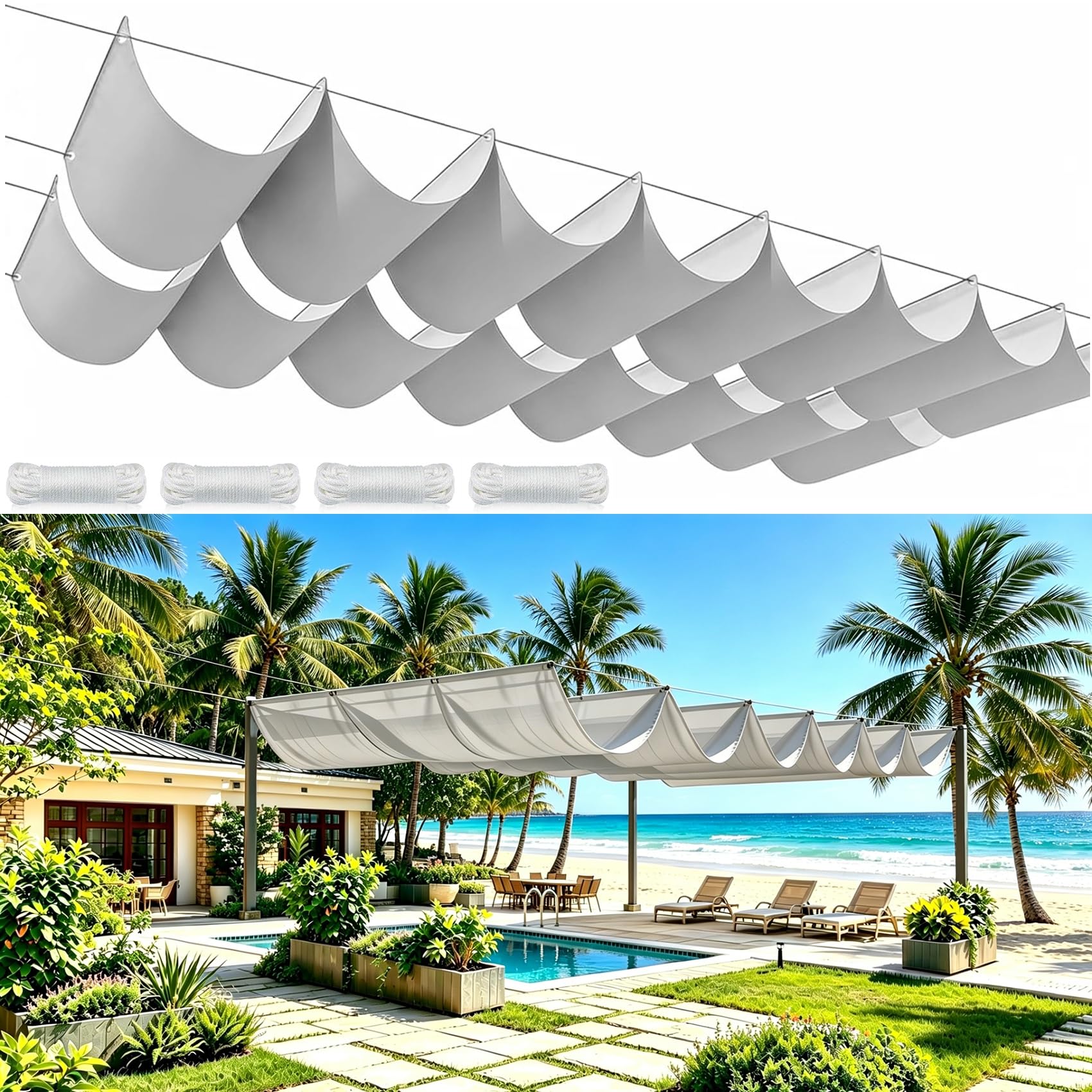 Voile d'ombrage rétractable imperméable protection UV gris clair