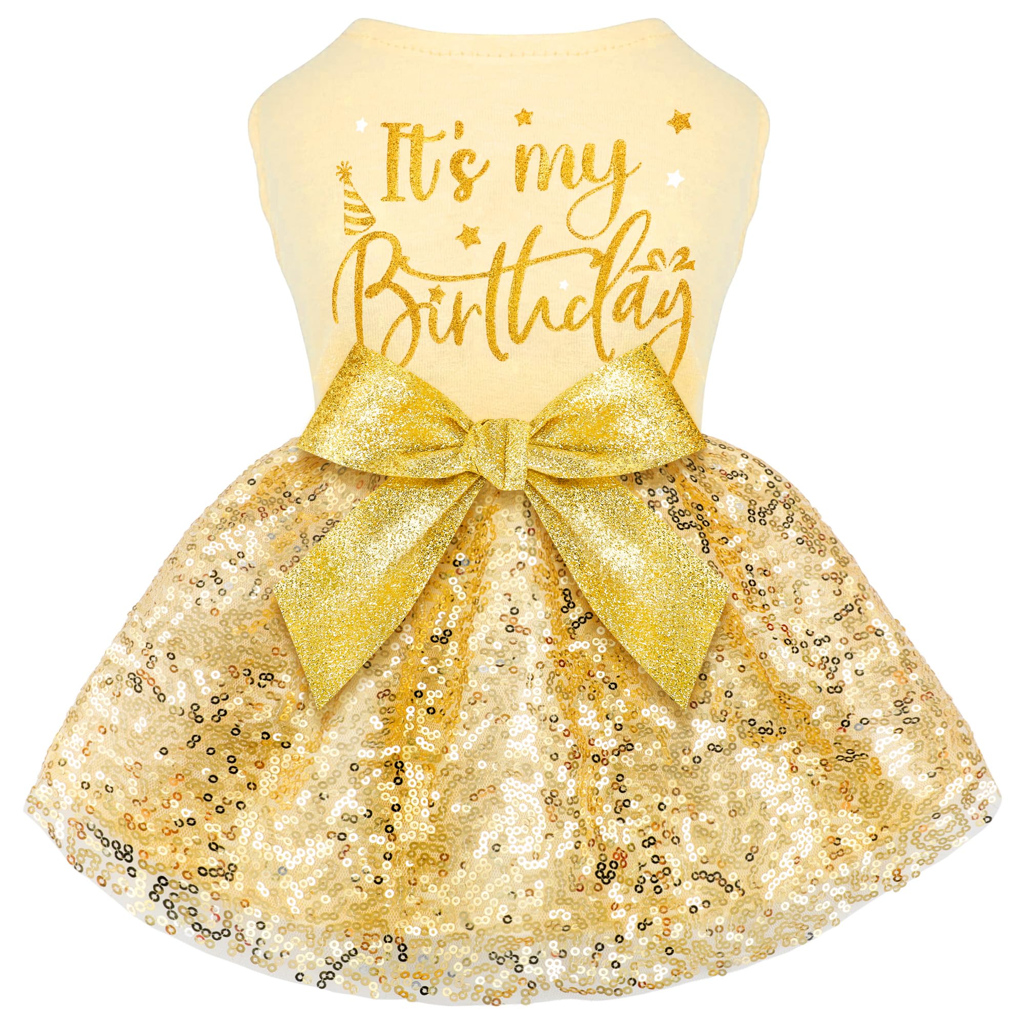 Birthday Dog Dress with Gold Sparkly Sequin Princess Dog Clothes for Small Medium Large Dogs Girls Boys Cats Outfit Apparel