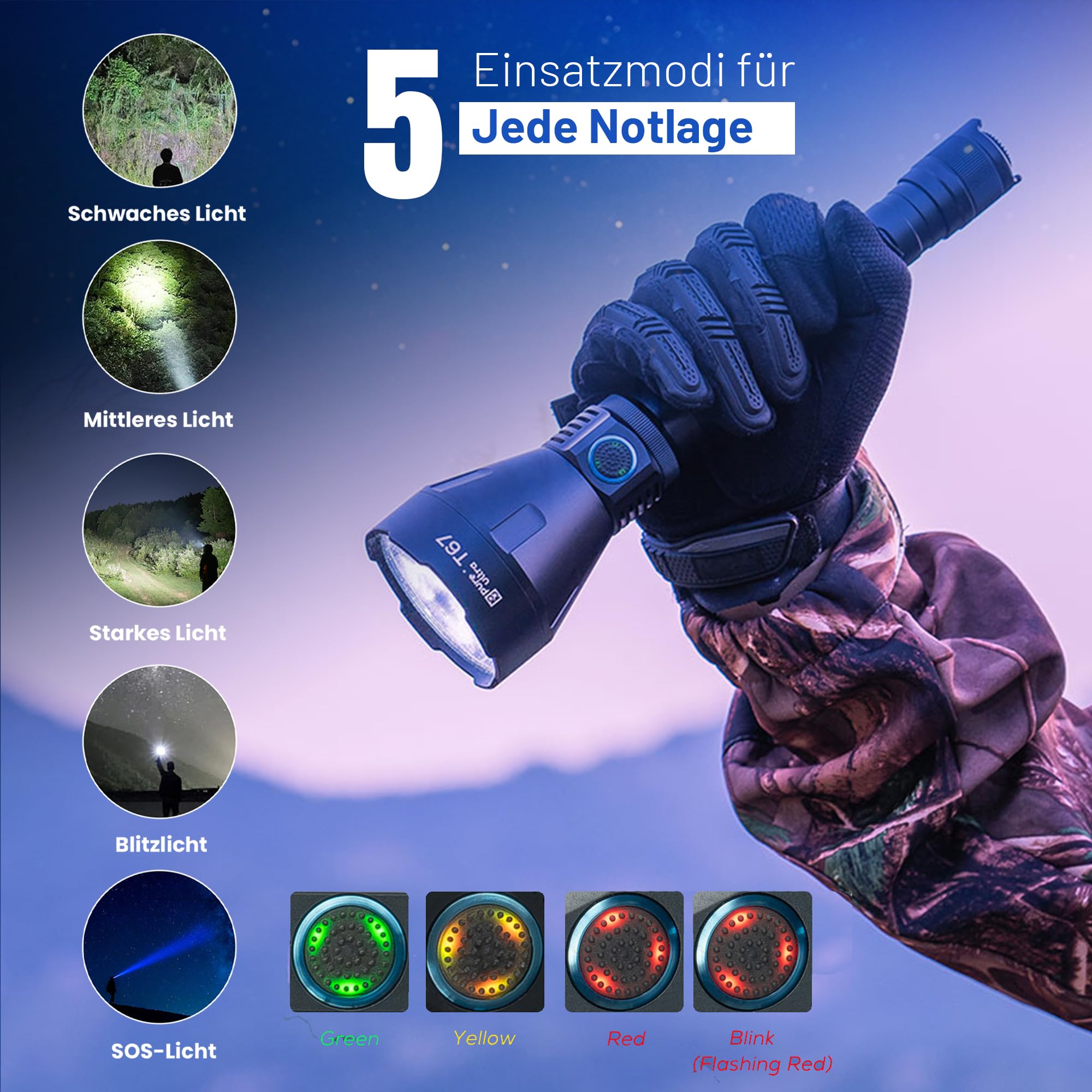Lampe de poche LED T67 - Ultra lumineuse 6700 lumens, portée de 1400 m, charge rapide USB-C, étanchéité IP68, design robuste, parfait pour les aventures en plein air (kit de base)