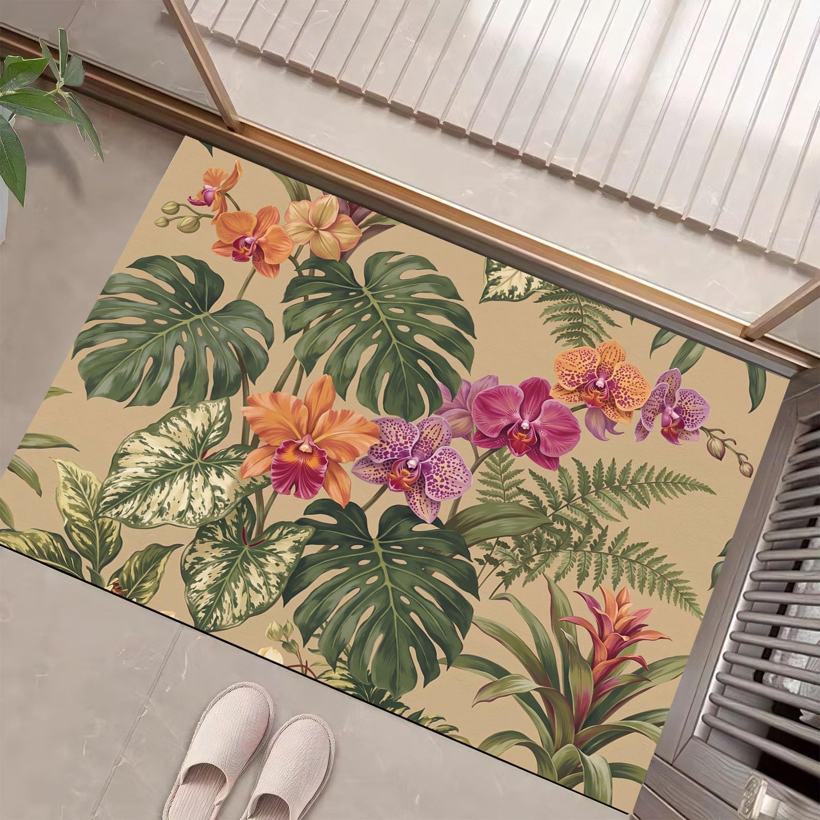 Orange Violet Plantes Fleurs Tropicalespaillasson Durable Et Antidérapant Retient L’Eau Et Les Saletés Facile À Nettoyerpaillasson Interieur80X120 Cm Tapis D'Entrée Antidérapant