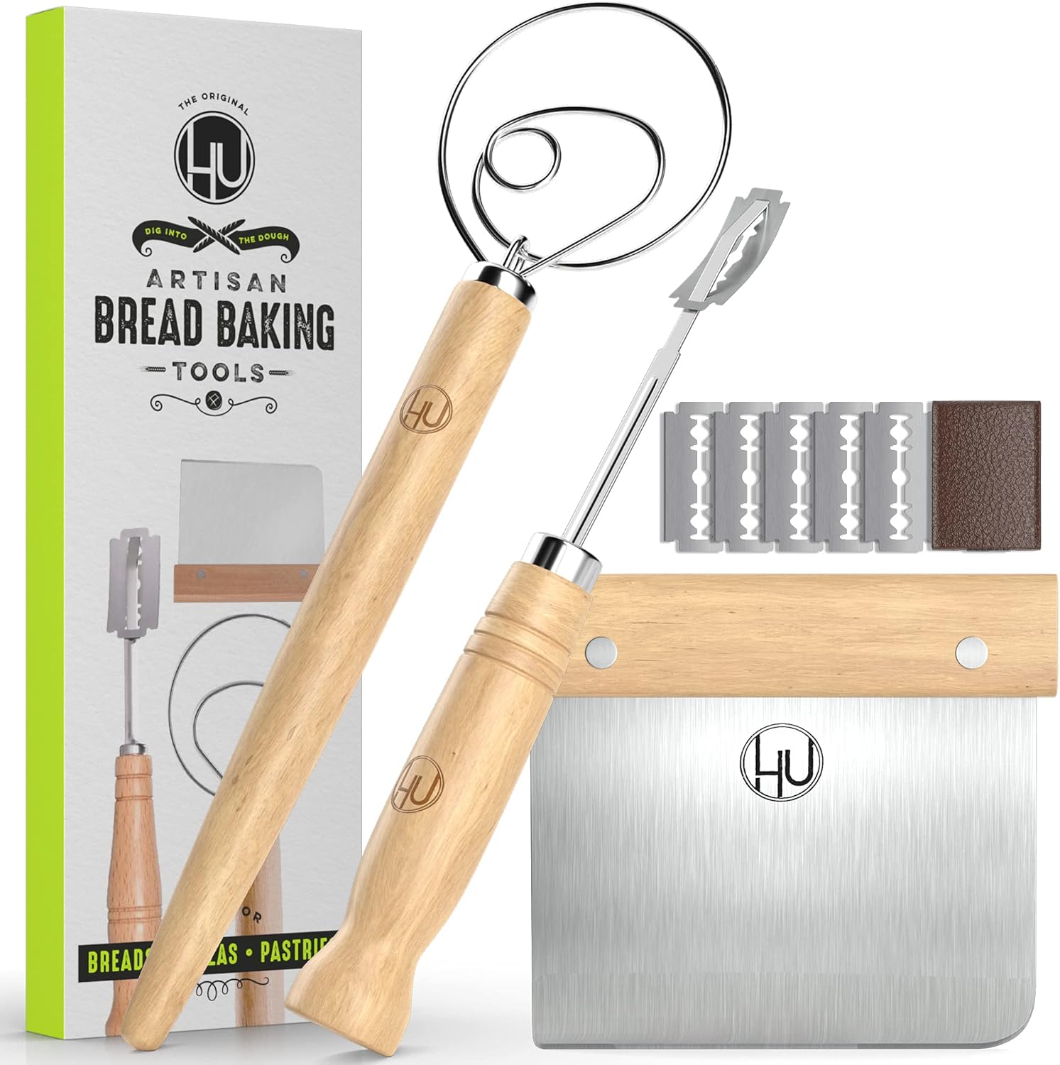 LHU Bread Making Tools and Supplies – Set of 3 – Danish Dough Whisk, Bread Lame, Bench Scraper – Dough Hook with Bread Scraper, Lame Bread Tool, Blades – Great for Baking Sourdough, Pizza, Pastry LHU Bread Making Tools and Supplies – Set of 3 – Danish Dough Whisk, Bread Lame, Bench Scraper – Dough Hook with Bread Scraper, Lame Bread Tool, Blades – Great for Baking Sourdough, Pizza, Pastry