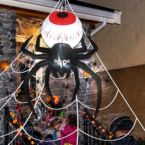 Vista 6 de Libima Araña inflable de Halloween de 6 pies para exteriores con luz LED, telarañas de 16.4 pies con 20 mini arañas falsas, decoración de patio