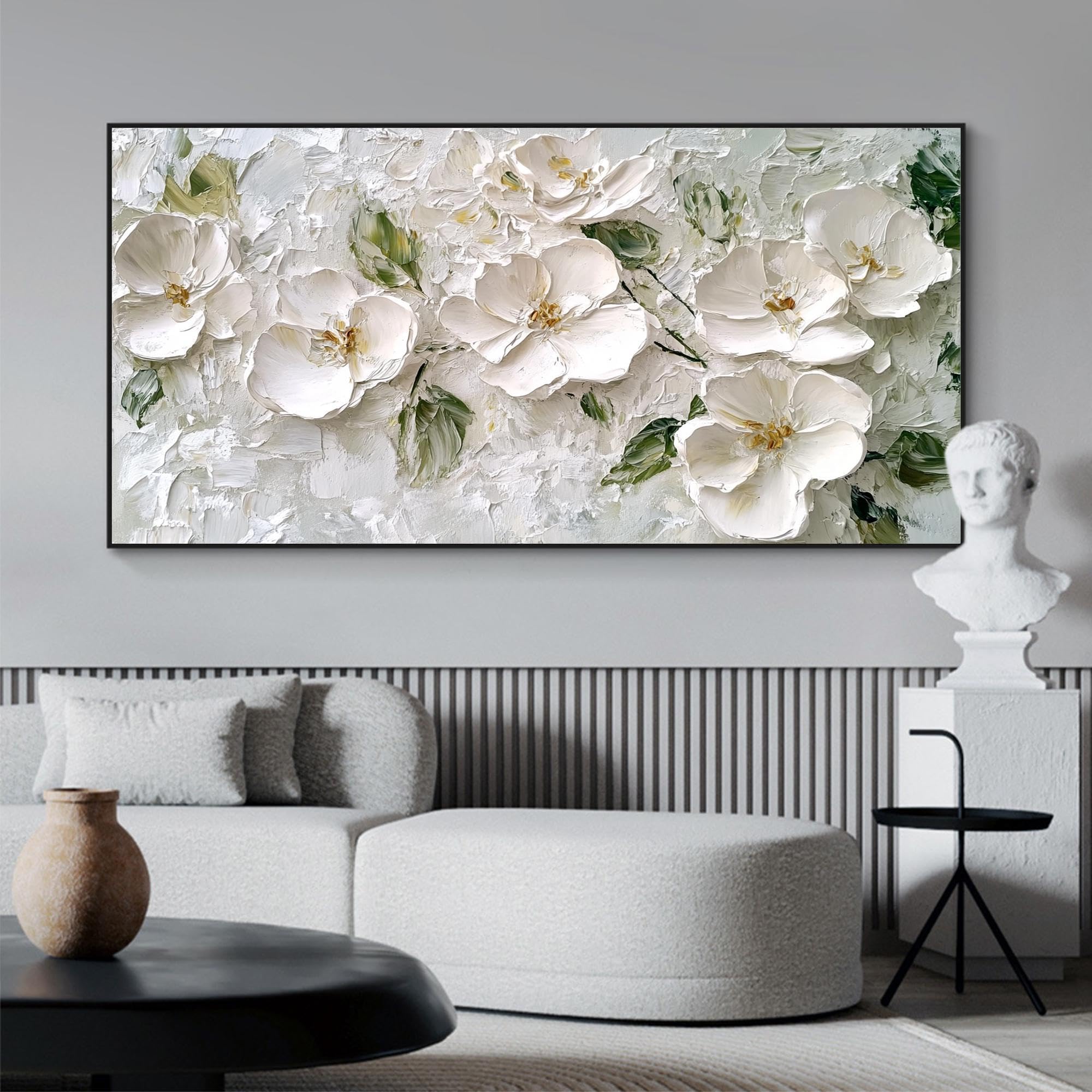 Zhaolin Inner Frame White Flower Oil Painting On Canvas,Abstract Floral Wall Art, Large Painting,Boho Wall Decor,Minimalist Living Room Decor 40X80cm Innerframe
