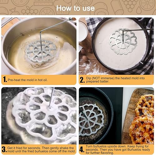 Miniatura 5 de Molde para bunuelos con asa, 4.7 pulgadas Roseta Achappam Molde antiadherente Timbal Molde para cocina fácil y divertida para cocinar y hornear