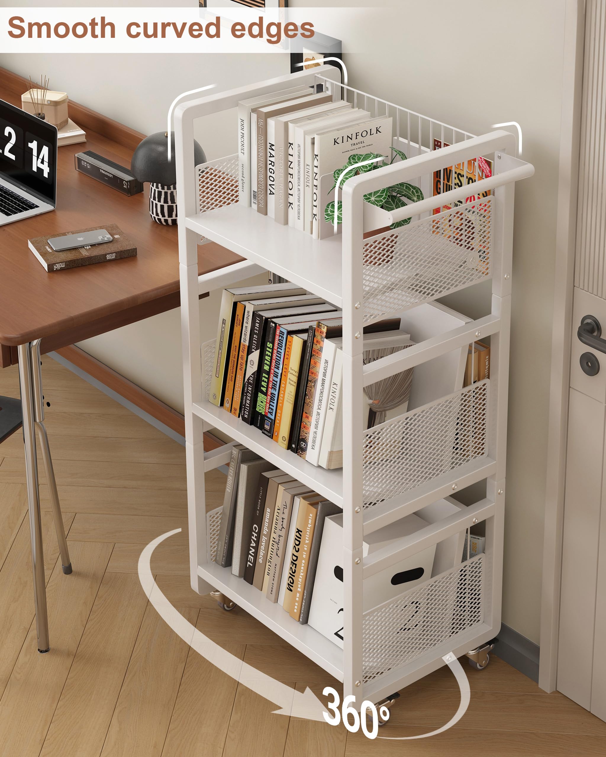 3 Niveles Librería con Ruedas, Estantería Metálica Móvil, Oorganizar y Transportar Libros Carrito Versátil, Adecuada para la Escuela,Estudio,Sala de Estar, Blanca