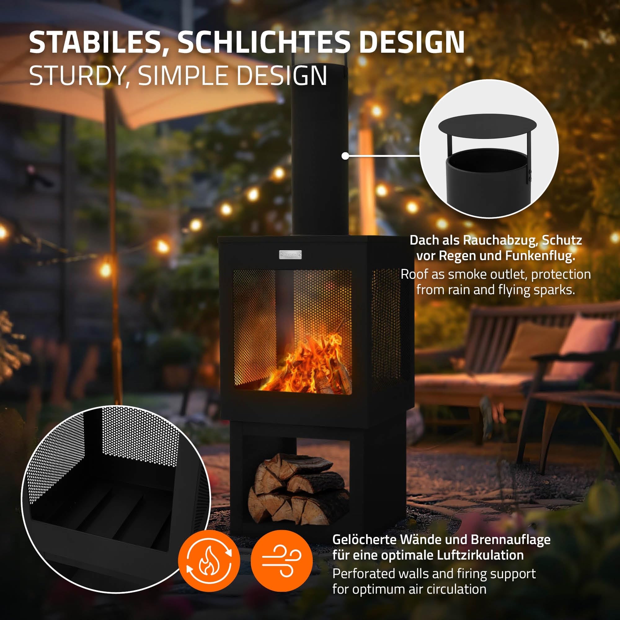ML-Design Chimenea de Jardín 128 x 40 cm Cuadrada de Acero Negro, Estufa de Terraza para Exterior con Atizador, Techo Desmontable y Compartimento para Leña, Fogata Brasero Hoguera para Camping