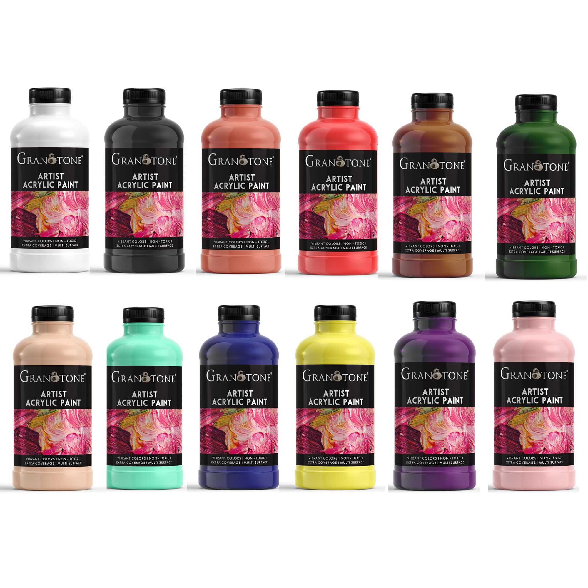 GRANOTONE Acrylic Paint Set of 12 | Includes 12 Acrylic Colours 500 ml Each | Rich Pigments, Non-Cracking | Ideal for Canvas, Wood, Leather, Earthenware, and Metal