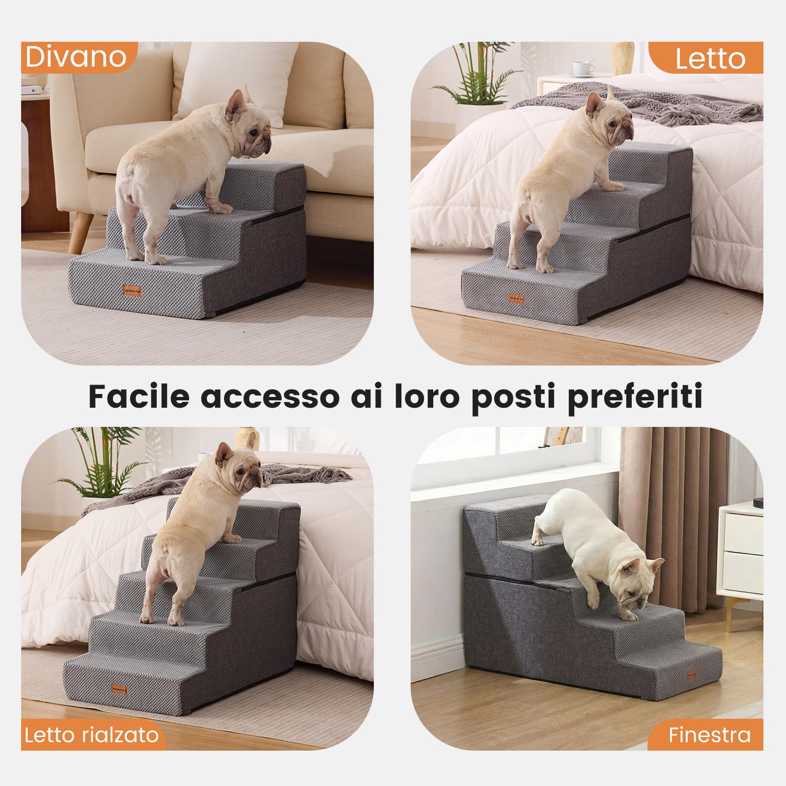 Gardner Pet Scala per Cani Piccola, Scala per Animali Domestici a 5 Gradini, Rampe in Schiuma ad Alta Densità con Rivestimento Impermeabile e Antiscivolo, per Letto, Divano, Poltrona e Auto, Grigio