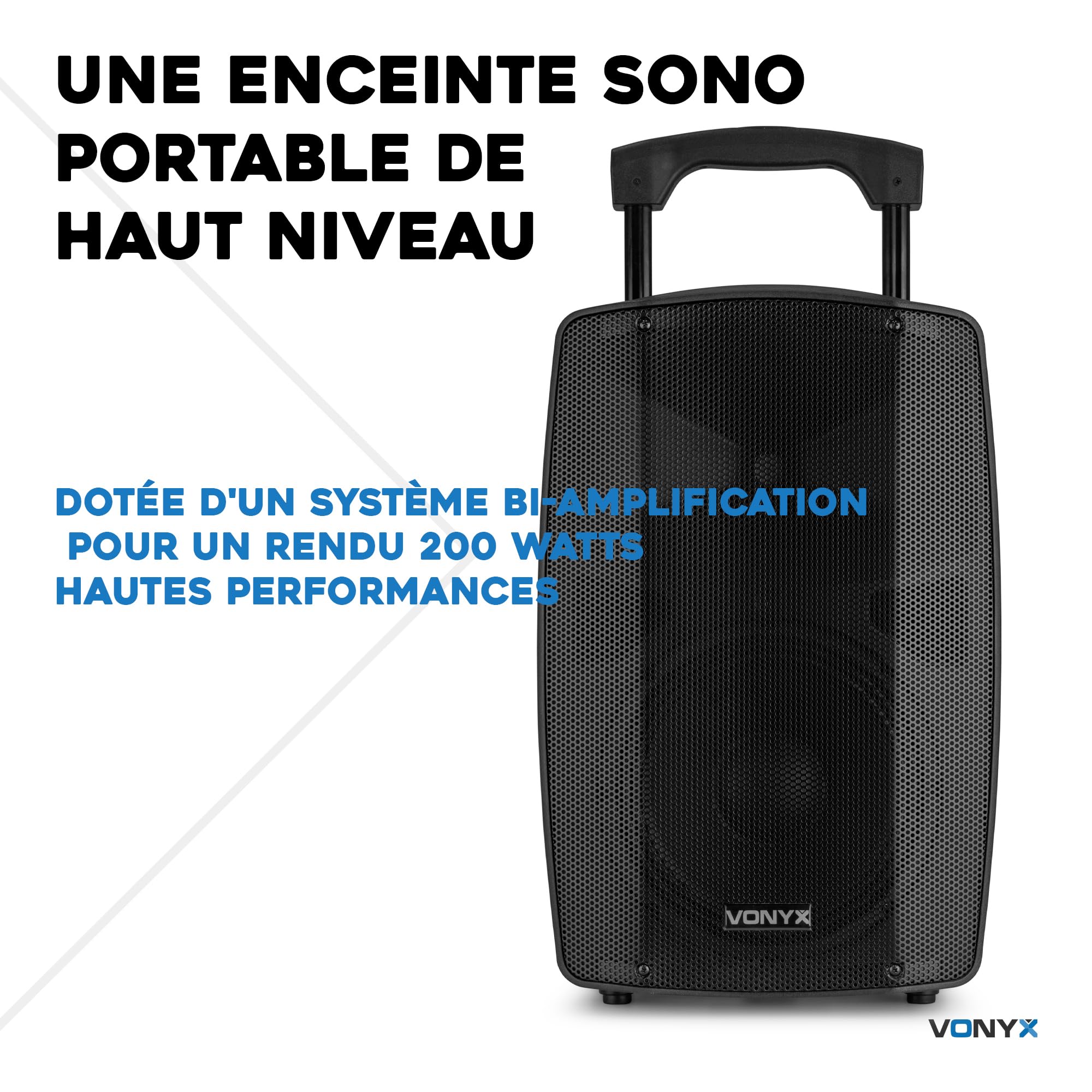 Vonyx VSP200 Enceinte Sono Portable 200 Watts, Enceinte Active Bi-Amplifiée, 2 Micros sans Fil, Poignées et roulettes de Transport, Idéale pour Vos Événements Pro, Karaoké, Fêtes en Extérieur