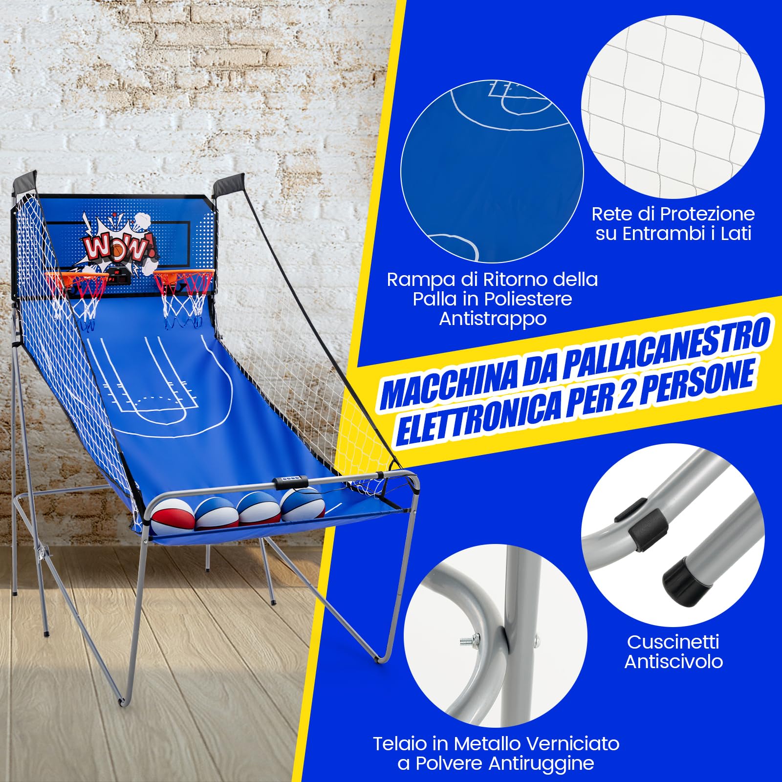 COSTWAY Macchina da Pallacanestro Elettronica Pieghevole, Gioco Arcade da Basket a Doppio Tiro per Casa con 8 Modalità di Gioco, Suono Arcade, Punteggio Elettronico, 4 Palloni e Pompa (Blu)