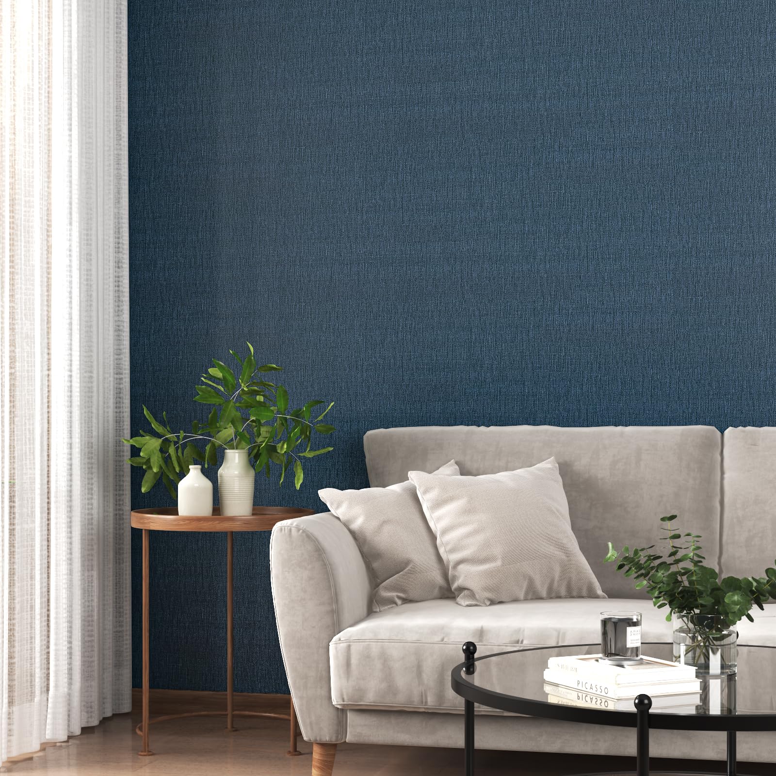 VaryPaper Navy Blue Faux Grasscloth Peel and Stick Wallpaper 40cmx200cm Linen Textured Fabric Contact Paper for Furniture Wrap Sticky Back Plastic Stick on Wallpaper for Living Room Bedroom Cabinets - Image 2
