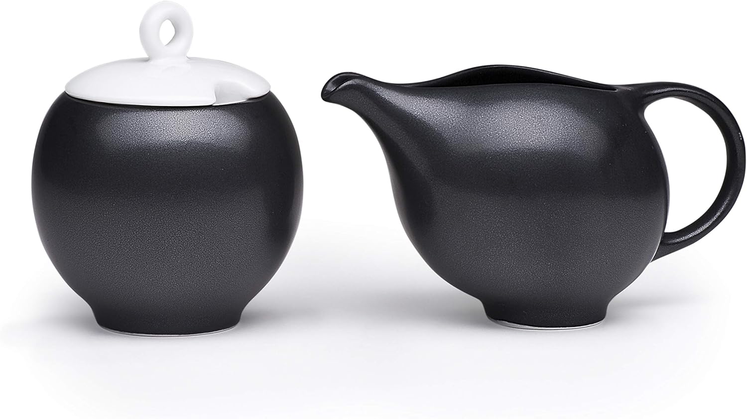 | EVA 2-Piece Ceramic Creamer and Sugar Bowl w/Lid | Coffee Tea Serving Set in Black-White Stoneware | 7oz No-Drip Milk Pitcher and Sugar Jar | Eva Zeisel Inspired