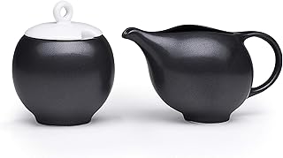 Maia Ming Designs | EVA 2-Piece Ceramic Creamer and Sugar Bowl w/Lid | Coffee Tea Serving Set in Black-White Stoneware | 7oz No-Drip Milk Pitcher and Sugar Jar | Eva Zeisel Inspired