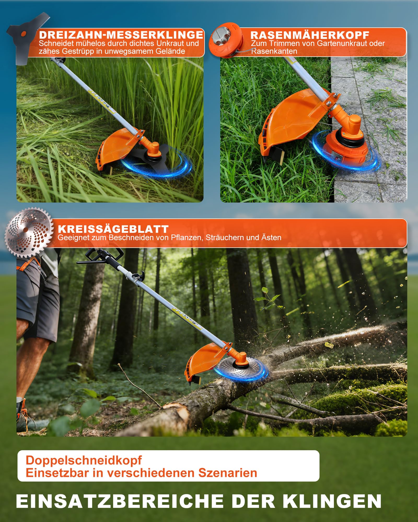 Benzin Motorsense 52cc 2-Takt Rasentrimmer – 2-in-1 Multifunktion 3 PS Einzylinder-Motor mit 3-Zahn-Messer & Nylonschnur-Spule, Leistungsstark & Zuverlässig für Garten und Feld