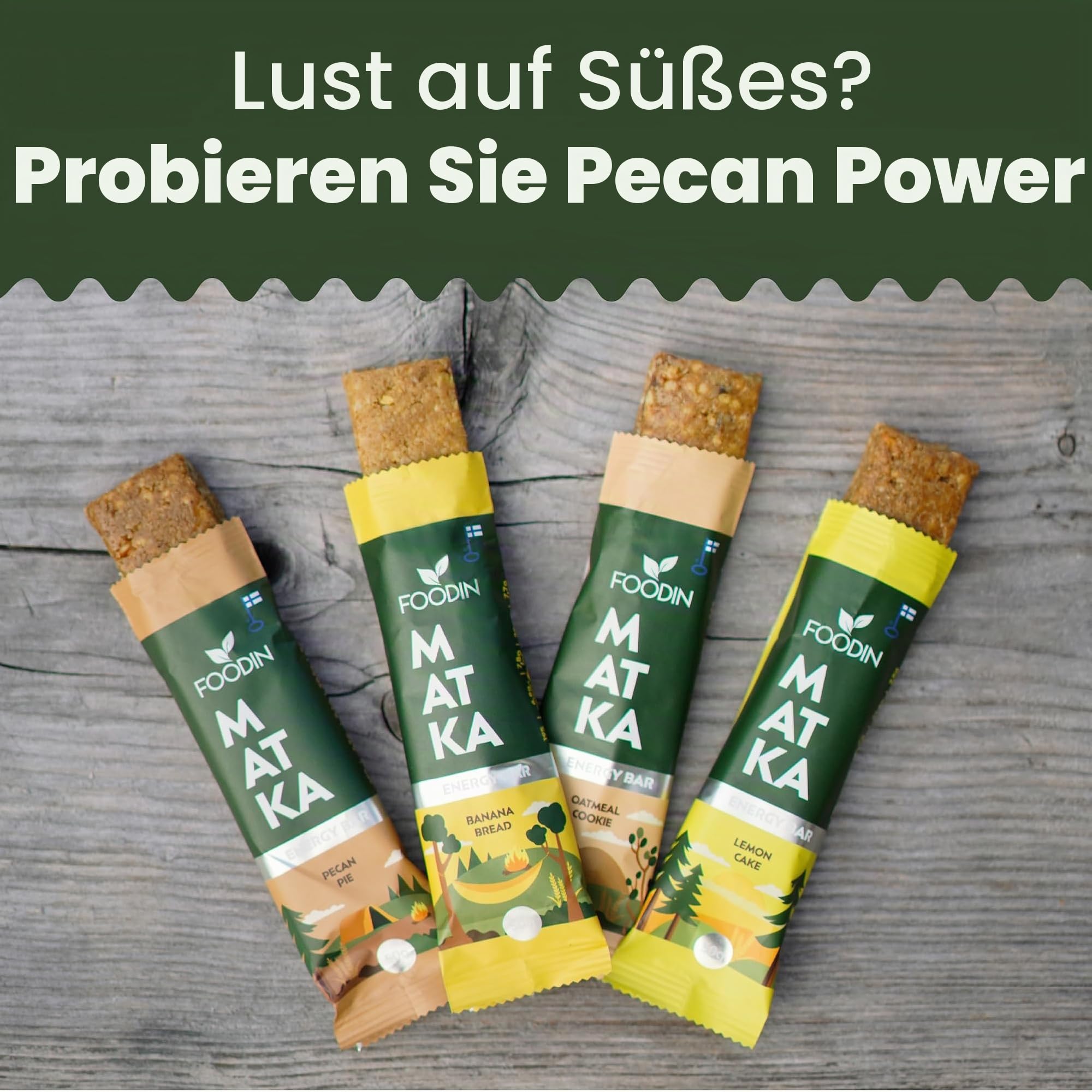 FOODIN MATKA Energieriegel Pekannusskuchen – 12 x 50 g – Glutenfreie Haferflocken & Pekannüsse – Ohne Zuckerzusatz & Palmöl – Gesunder Snack für Arbeit, Schule & unterwegs