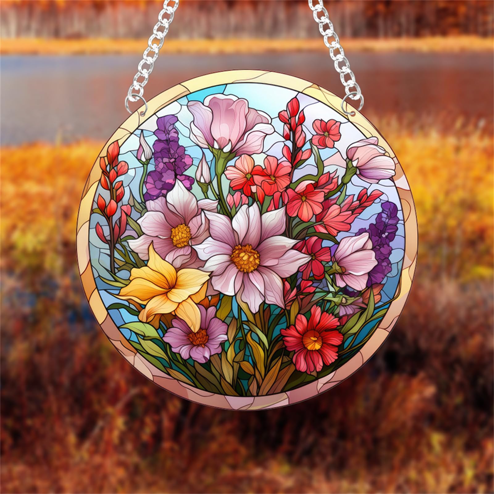 WOHAHA Floral Stained Window Hanging Garden Flowers Acrylic Panels Indoor Outdoor Round Windows Hanger Kitchen Bedroom Garden Wall Art Decor Gifts for Women Mom Grandma Teacher