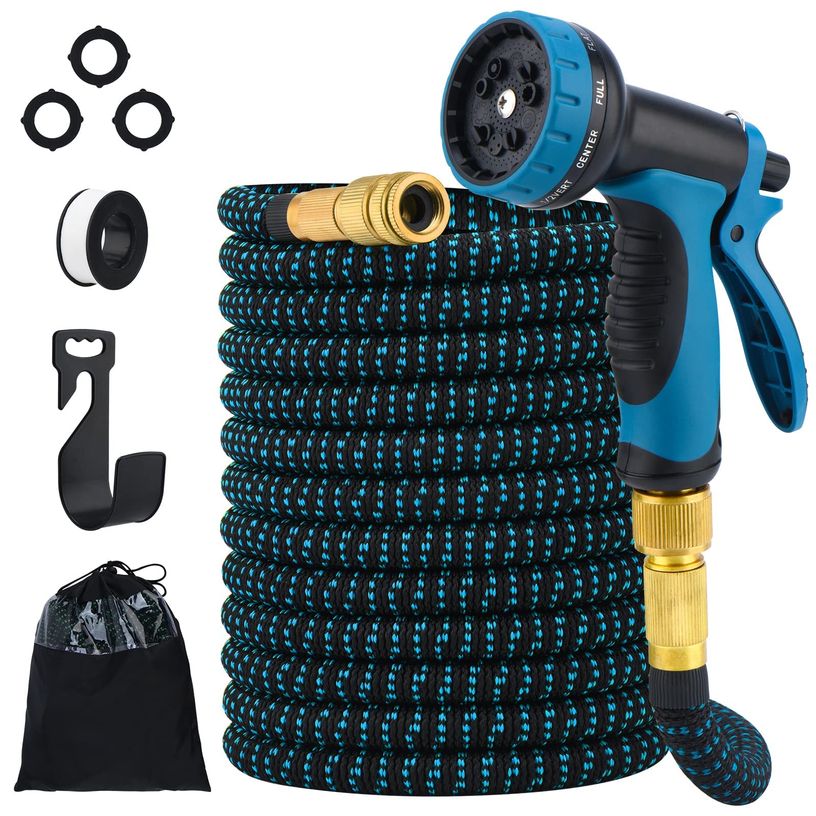 KOWVOWZ Flexible Garden Hose with 3/4 Inch 1/2 Copper Connector, Lightweight & No-Kink Flexible Garden Hose, Garden Sprayer 10 Spray Nozzle for Gardening Car Wash Pet Bathing (Black+Blue) (25ft)