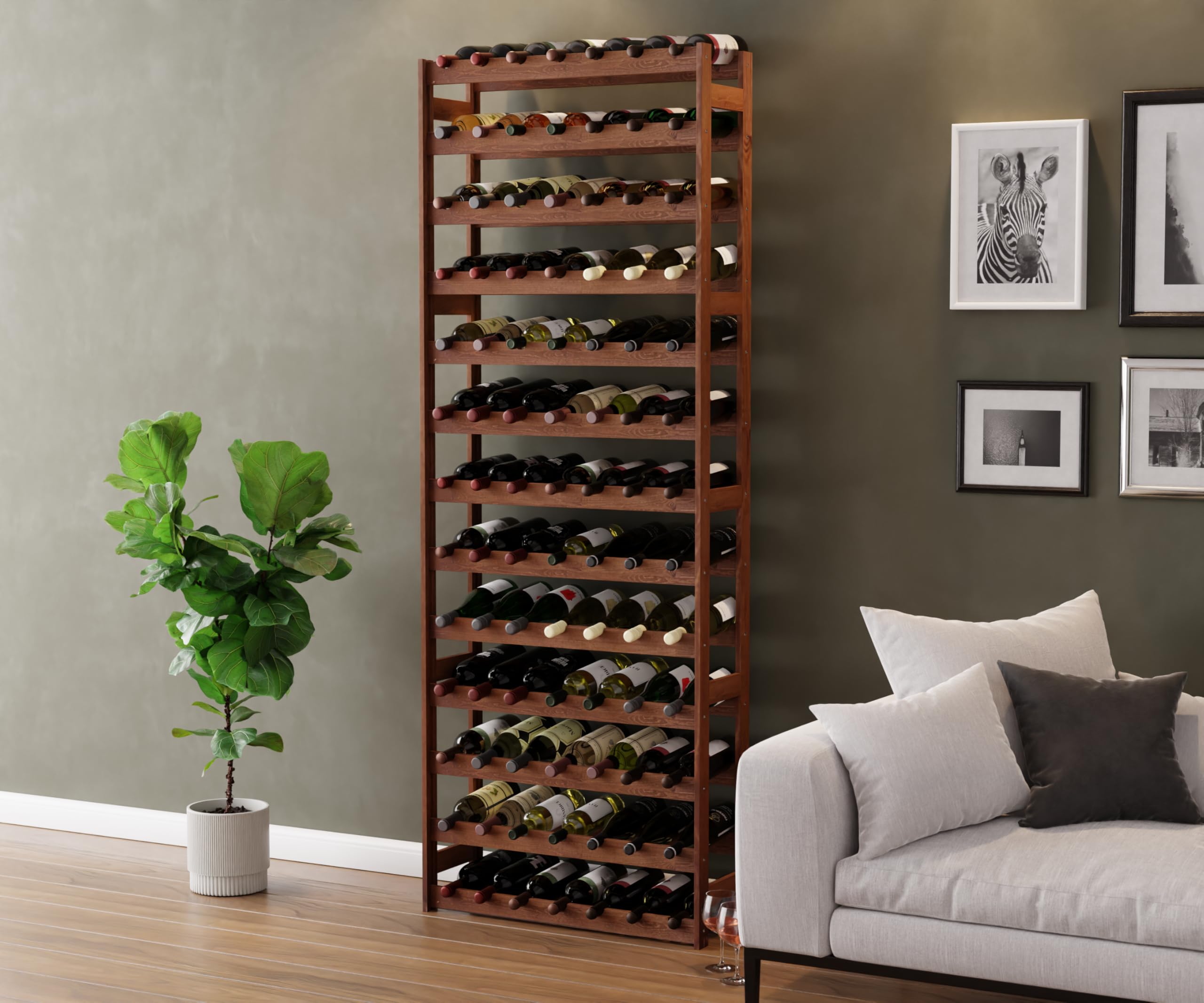 Lenmar Portabottiglie in legno per bottiglie marrone, RW-1, portabottiglie, cantina, mensole, portabottiglie RW-1-91, 198 x 72,5 x 25, 13 lettini, 91 bottiglie