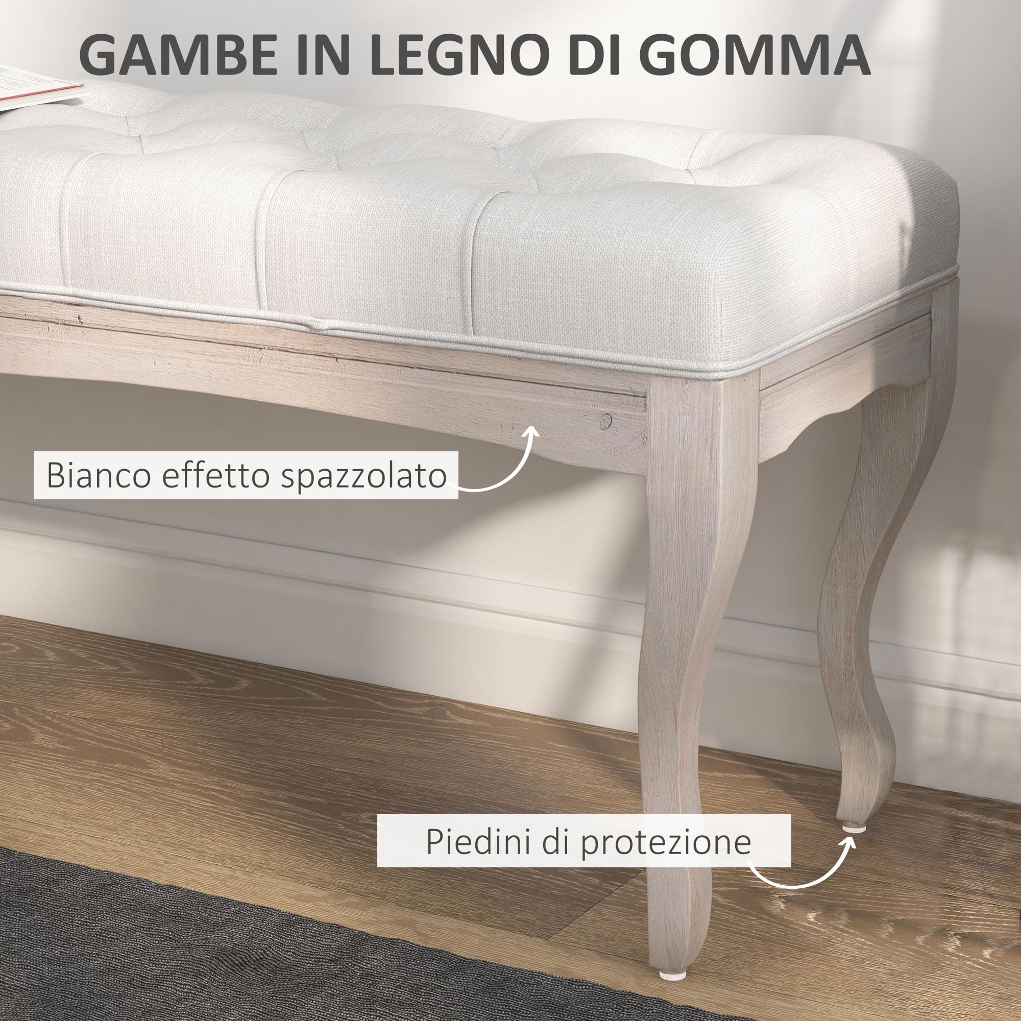 HOMCOM Taburete Pie de Cama Banco para Pie de Cama con Pies de Madera y Asiento Acolchado Carga 120 kg Banqueta de Dormitorio para Entrada Pasillo 110x37x49 cm Crema