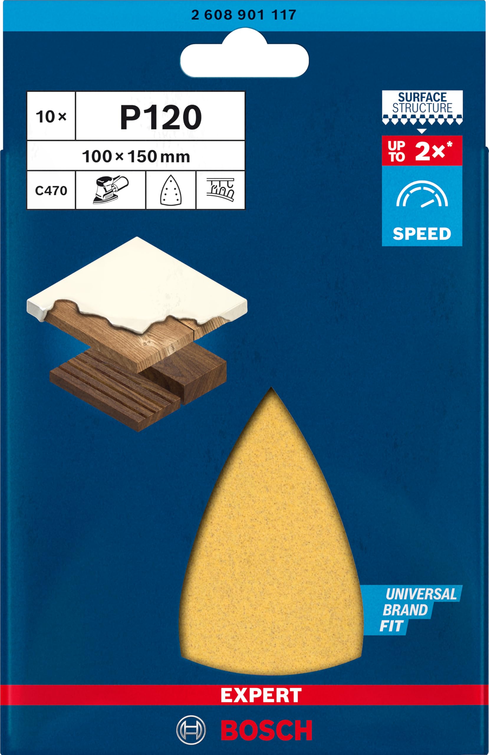 Bosch Professional 10x Carte abrasive Expert C470 con 7 fori (per Legno duro, Vernice su legno, 100x150 mm, Grana 120, accessorio Levigatrice palmare)