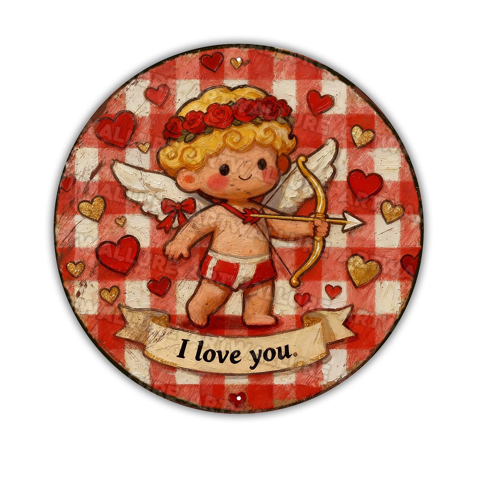 Round Valentine Cupid Metal Sign Cute Cherub With Roses And Bow Red Gingham Background Romantic Love Theme Home Decor Rustic Country Style 8x8Inch