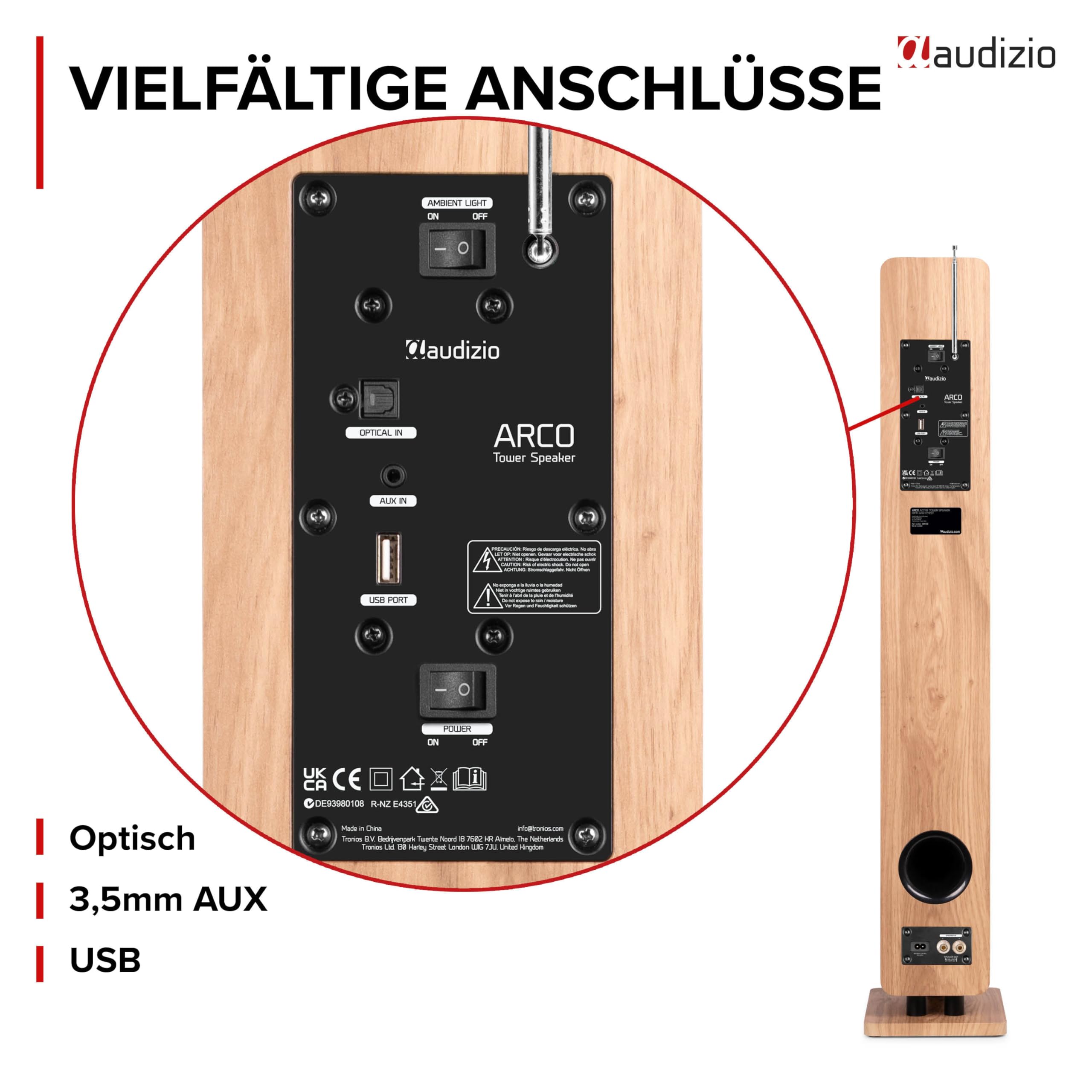 Audizio Arco Standlautsprecher Aktiv 2er Set Bluetooth 5.4 DAB Radio 320 Watt HiFi Lautsprecher Musikanlage Heimkino Soundsystem LED Licht Holzoptik Braun