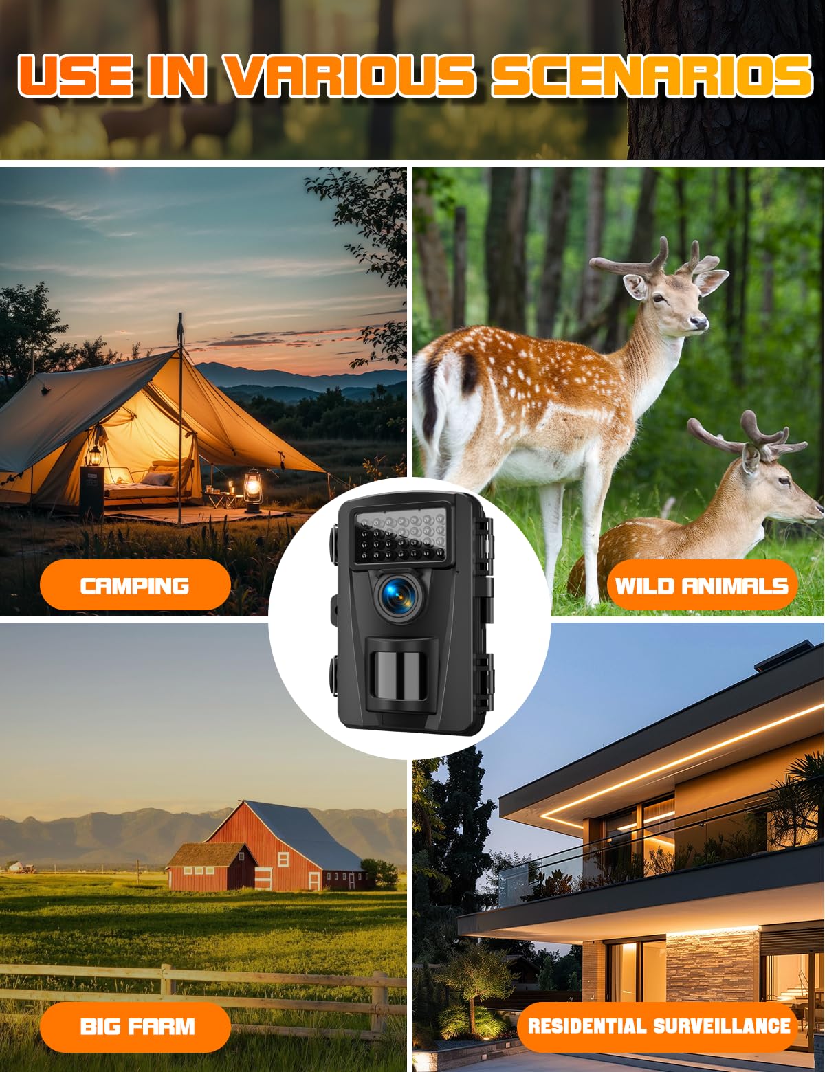 Caméra de Chasse 60MP 4K avec Détecteur de Mouvement Vision Nocturne 940nm IR LED IP66