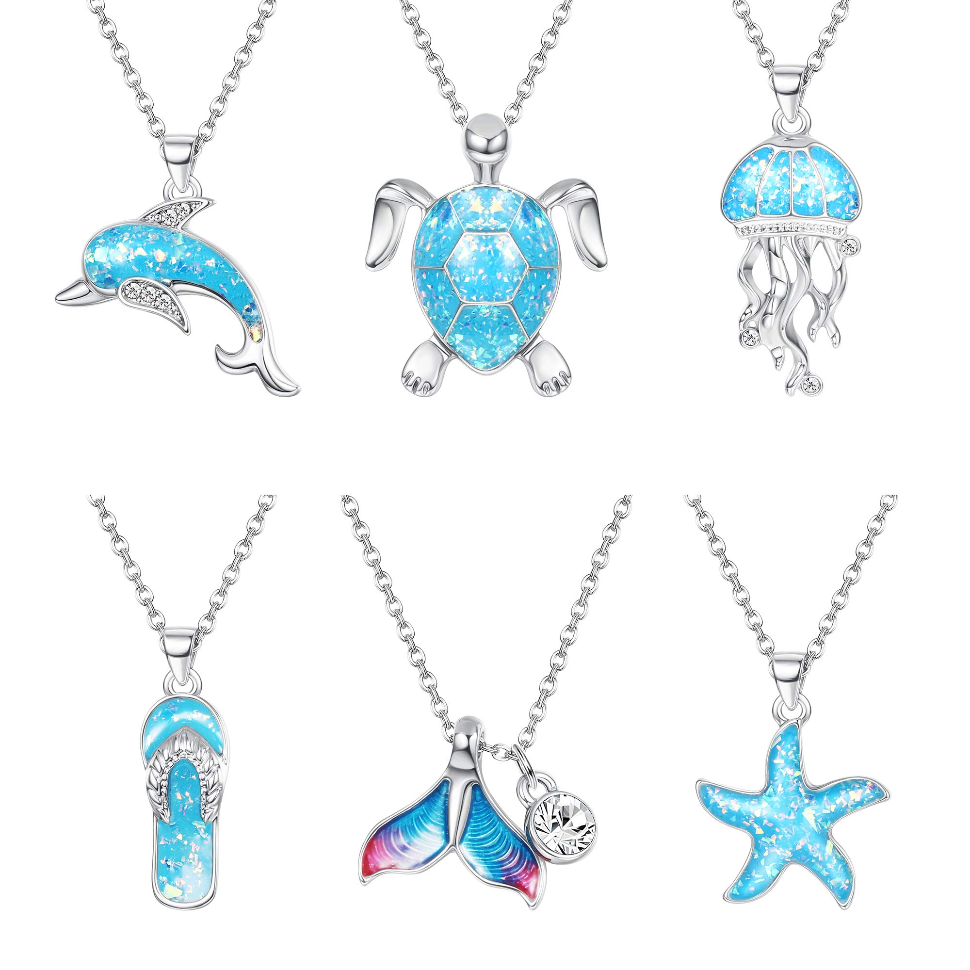 Udalyn6 Pcs Ocean Blue Sea Pendant Necklace Chain Sea Turtle Dolphin Jellyfish Mermaid Fishtail Starfish Flip Flop Clavicle Chain Necklace for Women