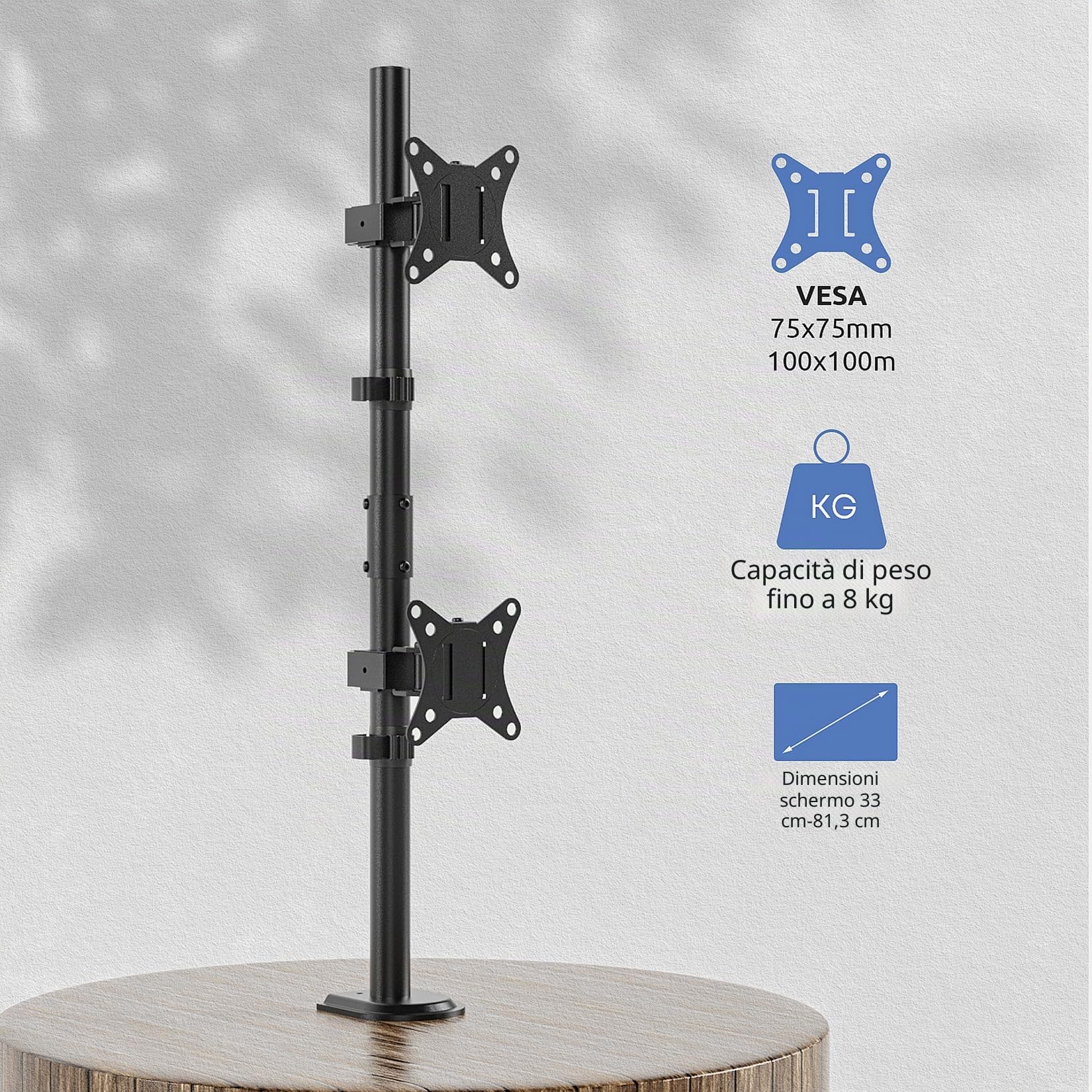 PUTORSEN Supporto per Doppio Monitor Verticale per Monitor LCD LED da 17 a 32 Pollici, Carico Massimo 9kg, 2 Modalità di Installazione