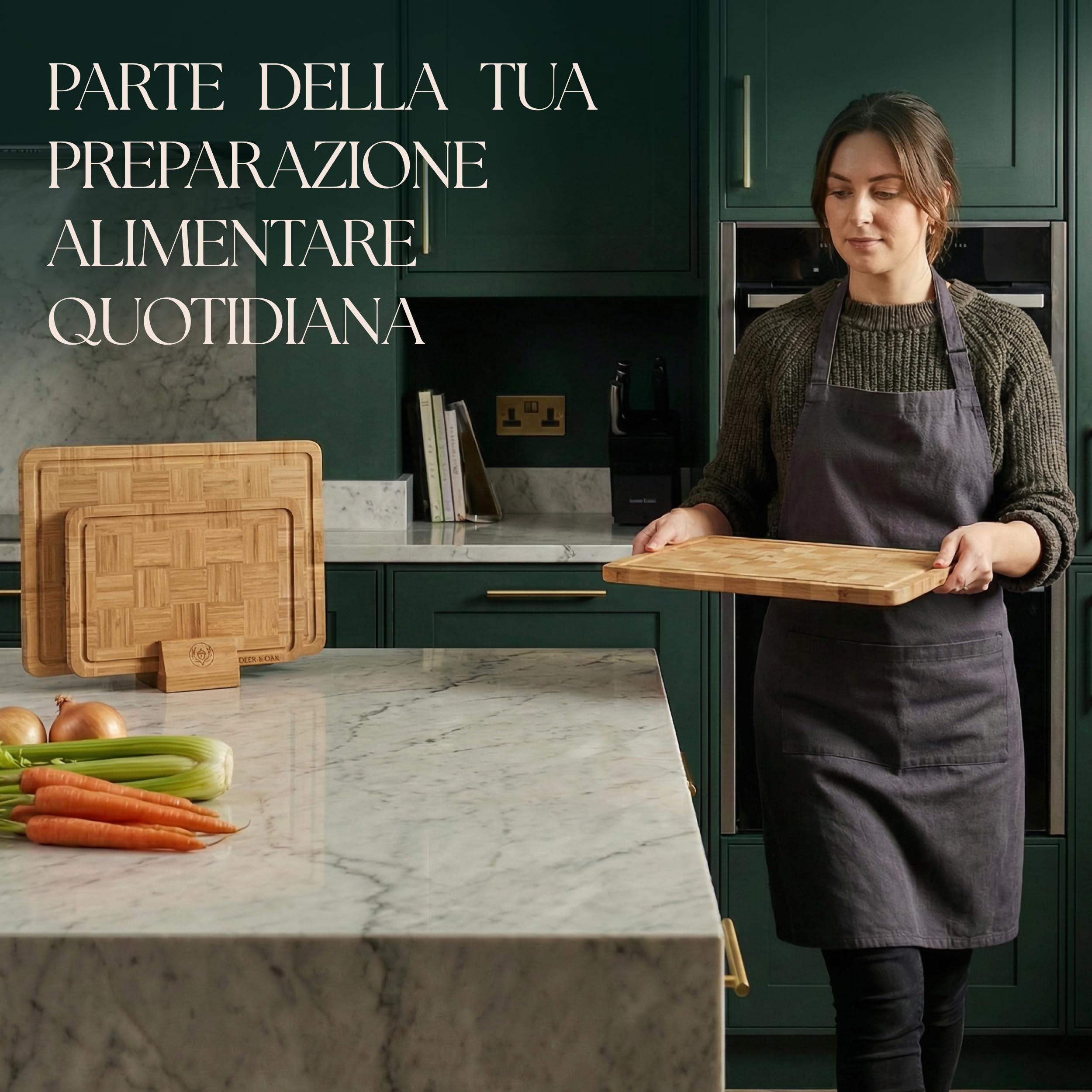 Deer & Oak Set 3 Taglieri in Bambù Carbonizzato con Supporto | Legno pre-oliato · Motivo intrecciato a cesto · Resistenti