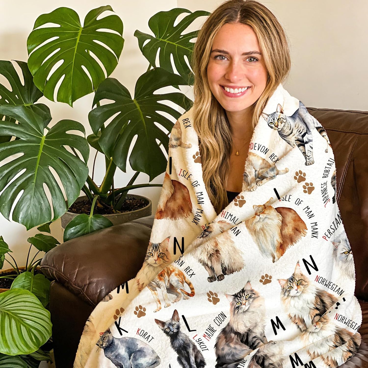 Cat Alphabet Flannel Throw Blanket, Cute Pet Breed Letter ABC